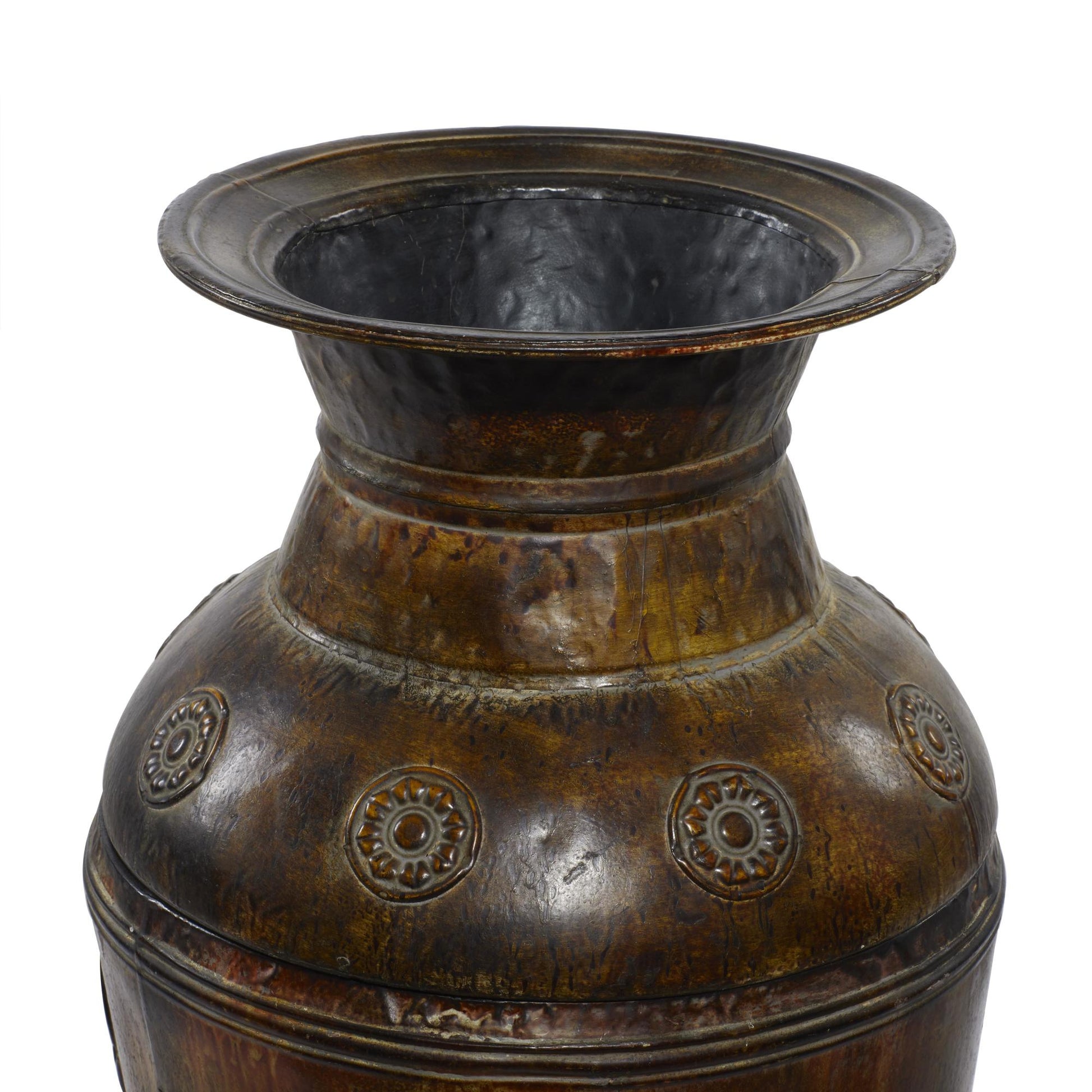Set of 2 Floral Brown Metal Indoor Outdoor Large Decorative Vase with Evil Eye Relief
