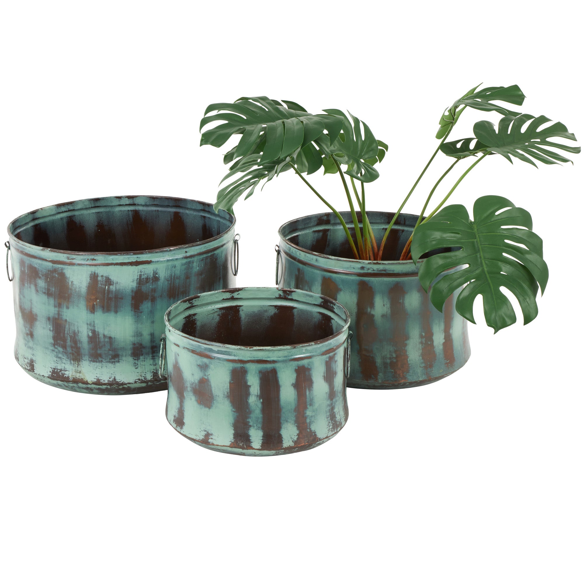 Set of 3 Green Metal Patina Indoor Outdoor Planter with Copper Accents