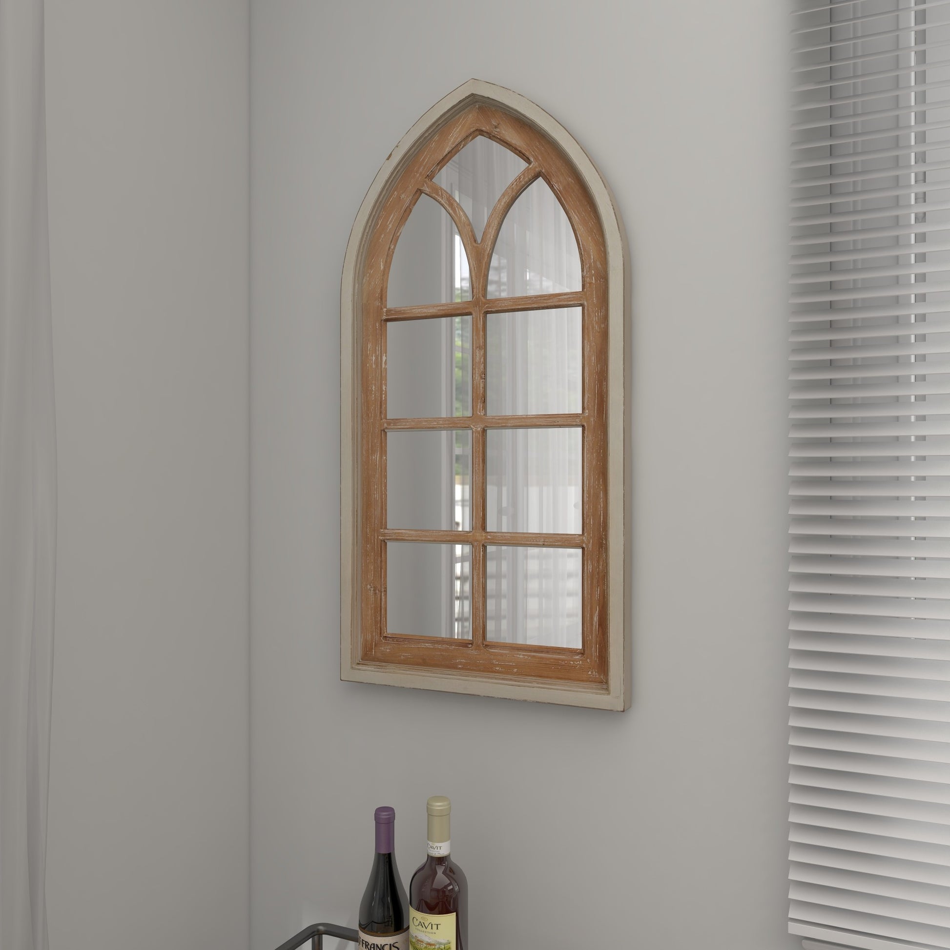 Brown Wood Arched Distressed Window Pane Room Wall Mirror