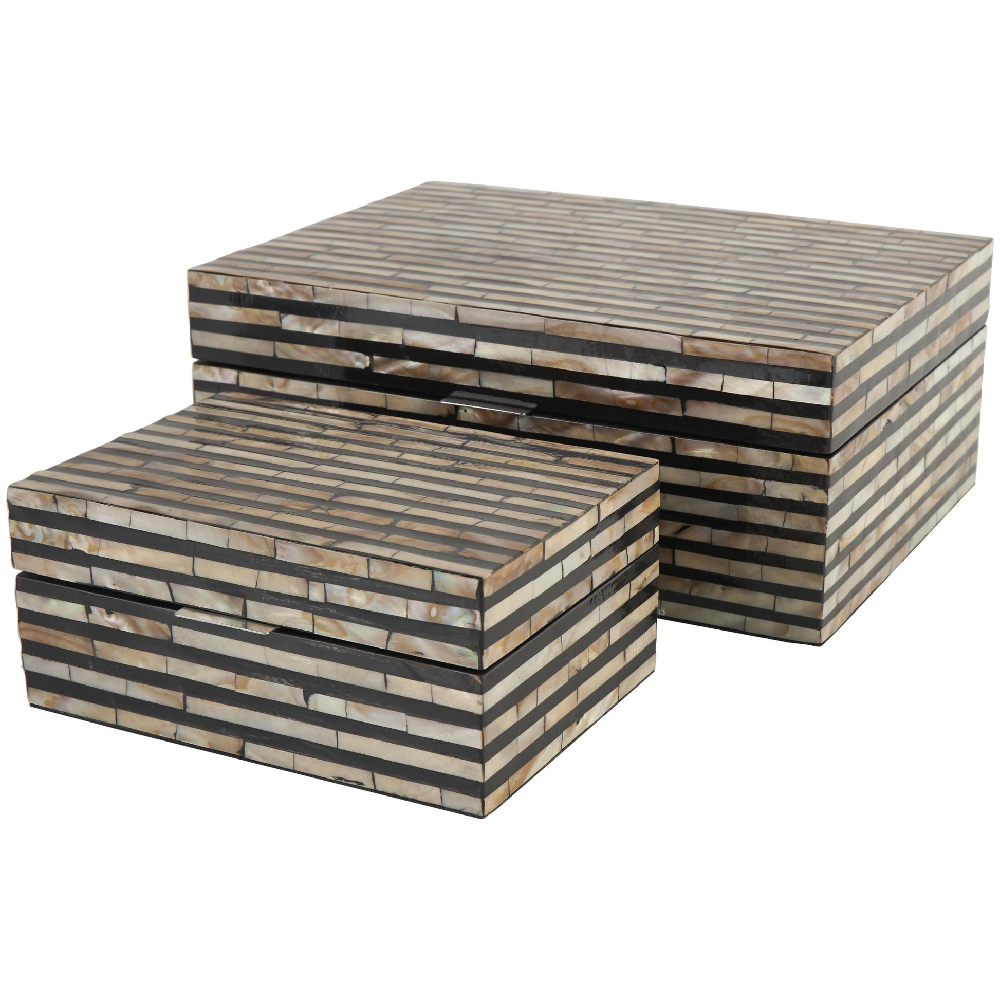 Set of 2 Beige Mother of Pearl Shell Handmade Decorative Box with Linear Mosaic Pattern and Hinged Lid