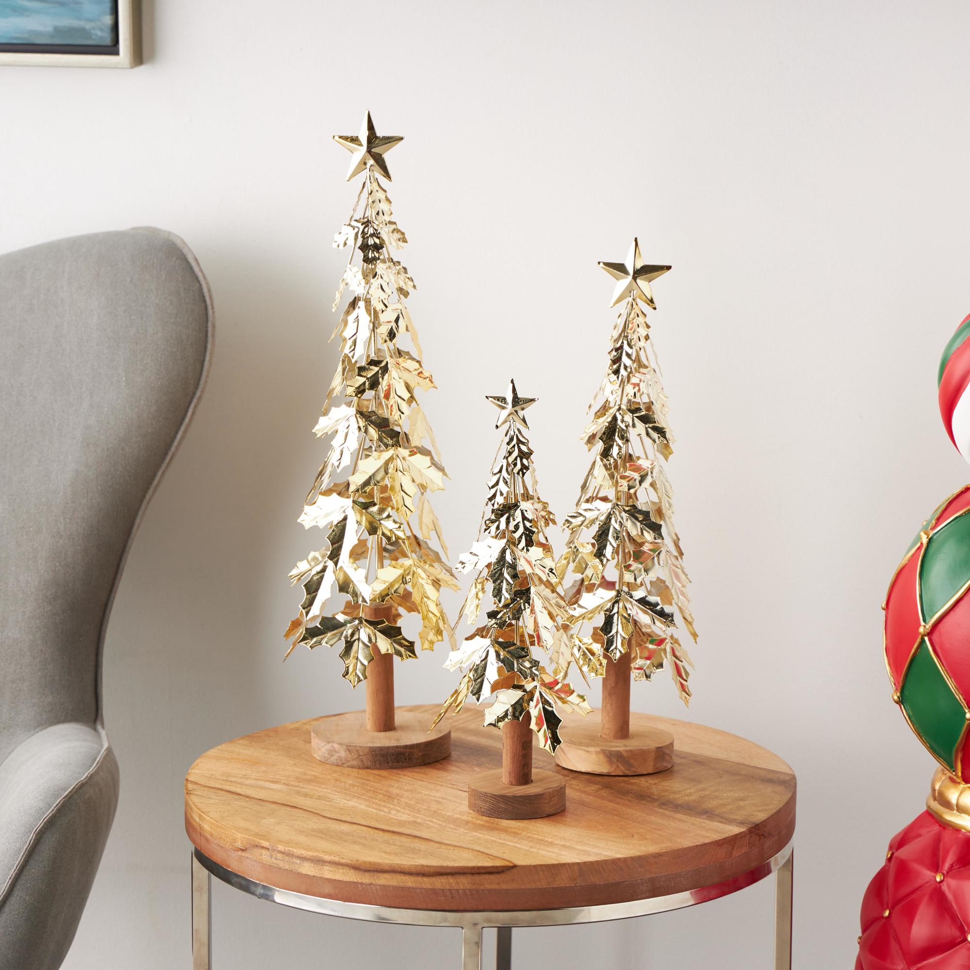 Set of 3 Tree Gold Metal Holiday Layered Decorative Christmas Sculpture with Wooden Base and Star Topper