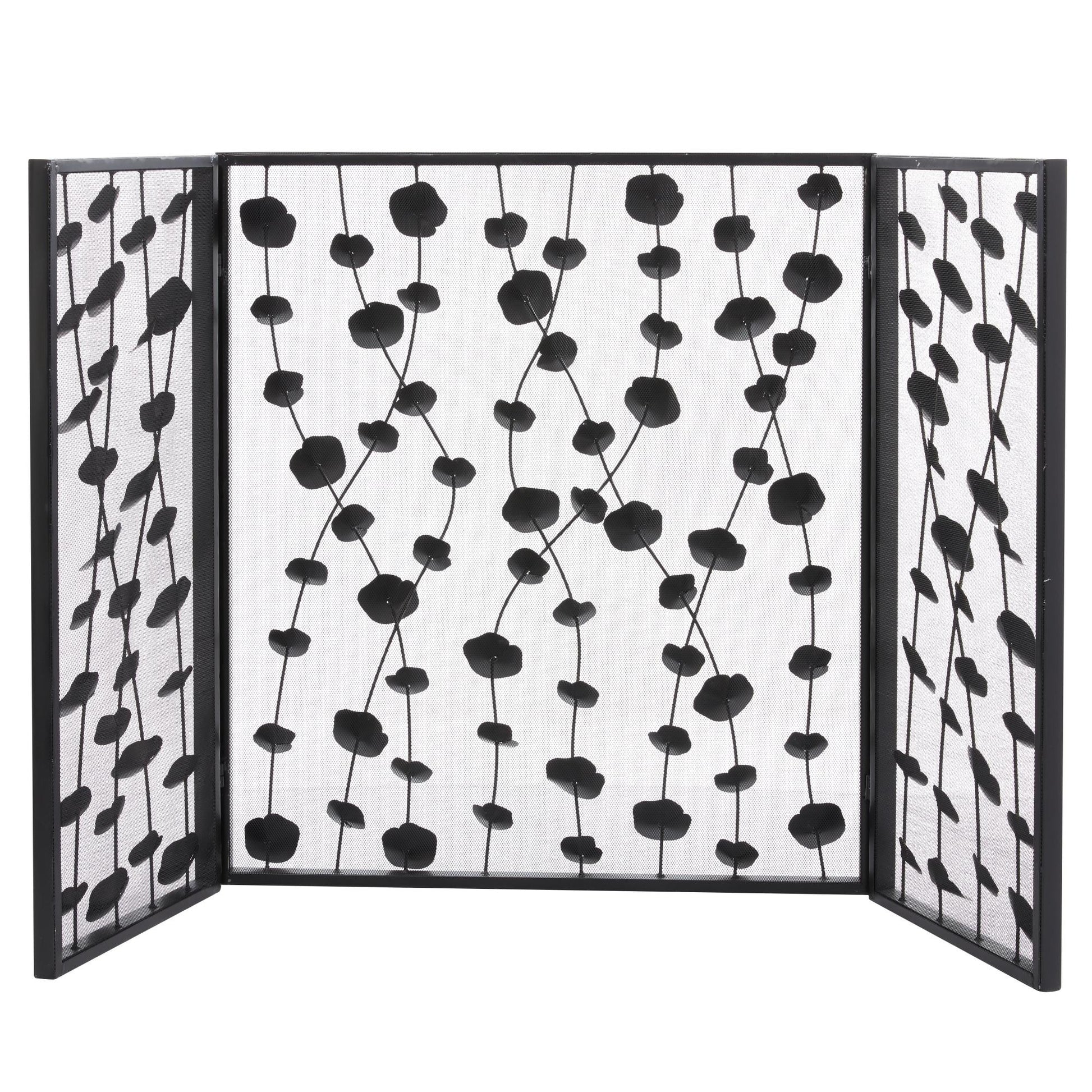 Floral Gold Metal Foldable Mesh Netting 3 Panel Living Room Fireplace Screen with 3D Floral on Vines