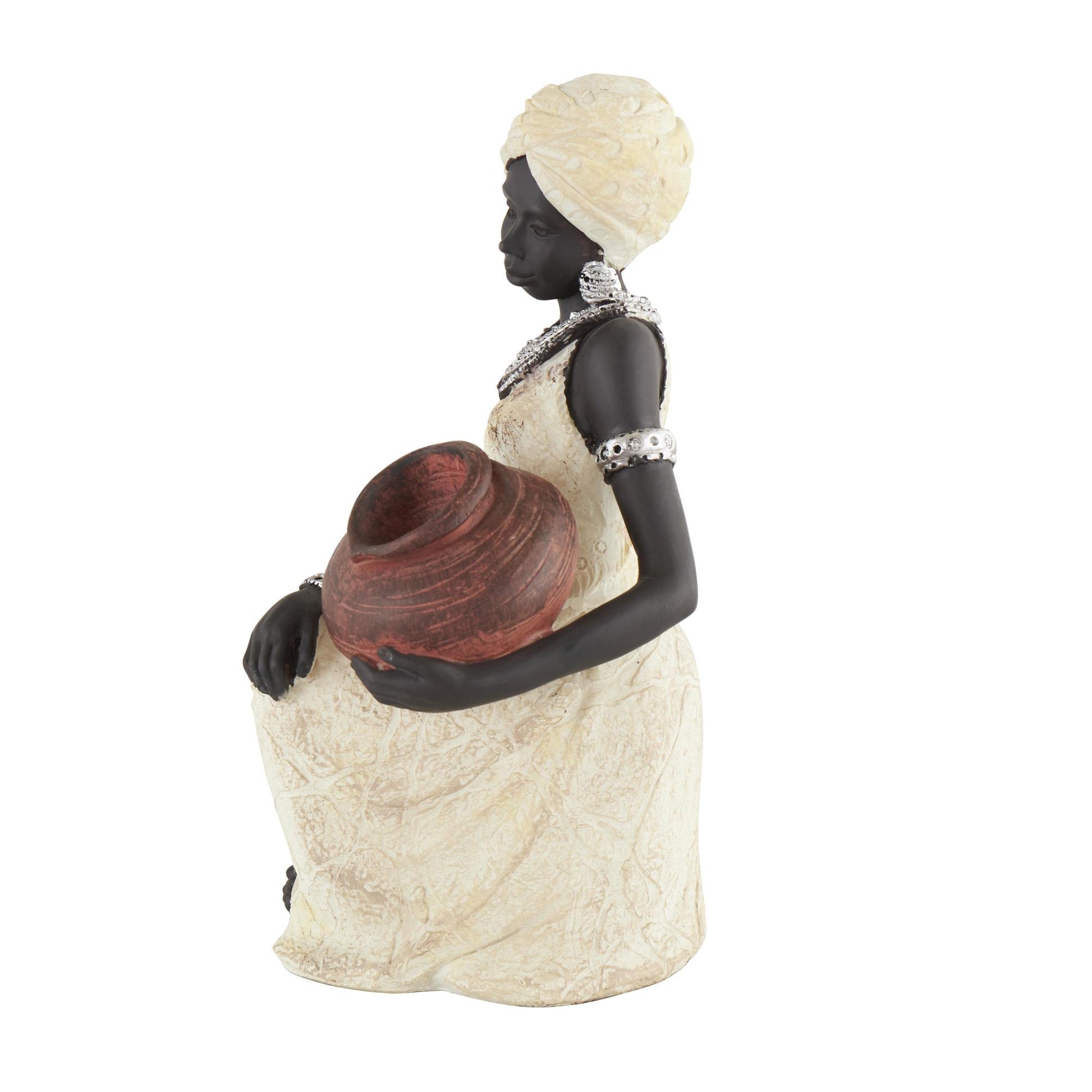 Woman Cream Polystone Sitting African Decorative Sculpture with Red Water Pot