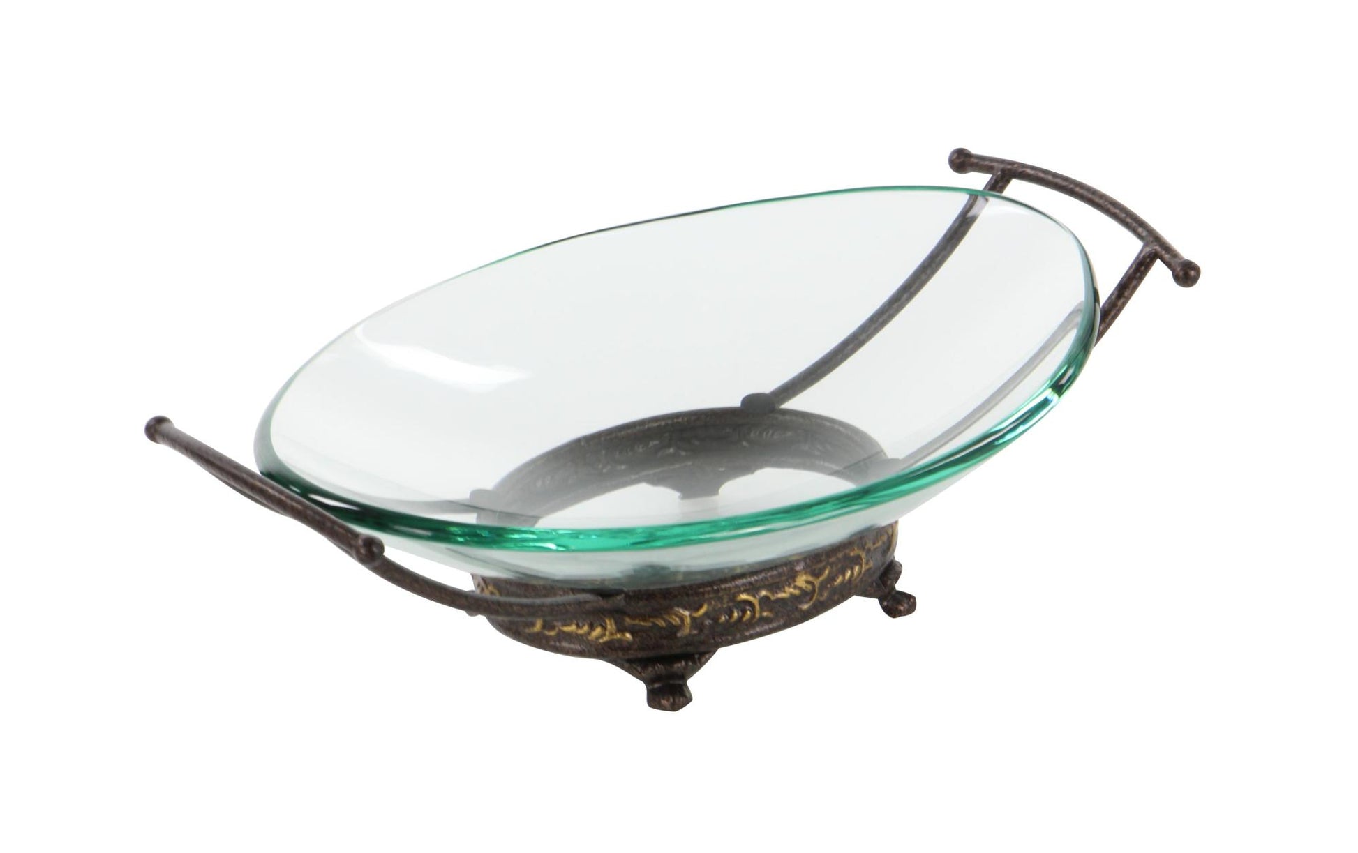 Kitchen Clear Tempered Glass Decorative Serving Bowl with Brown Metal Base