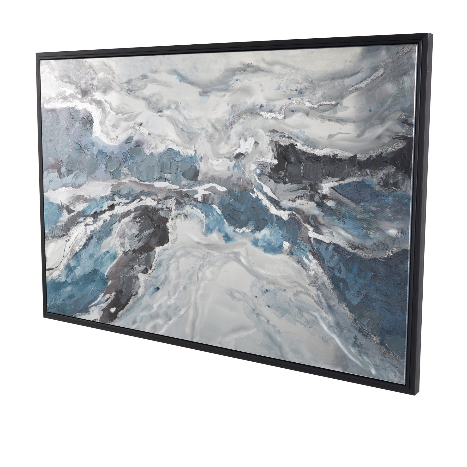 Abstract Blue Canvas Living Room Framed Wall Art with Silver Foil Accents and Black Frame