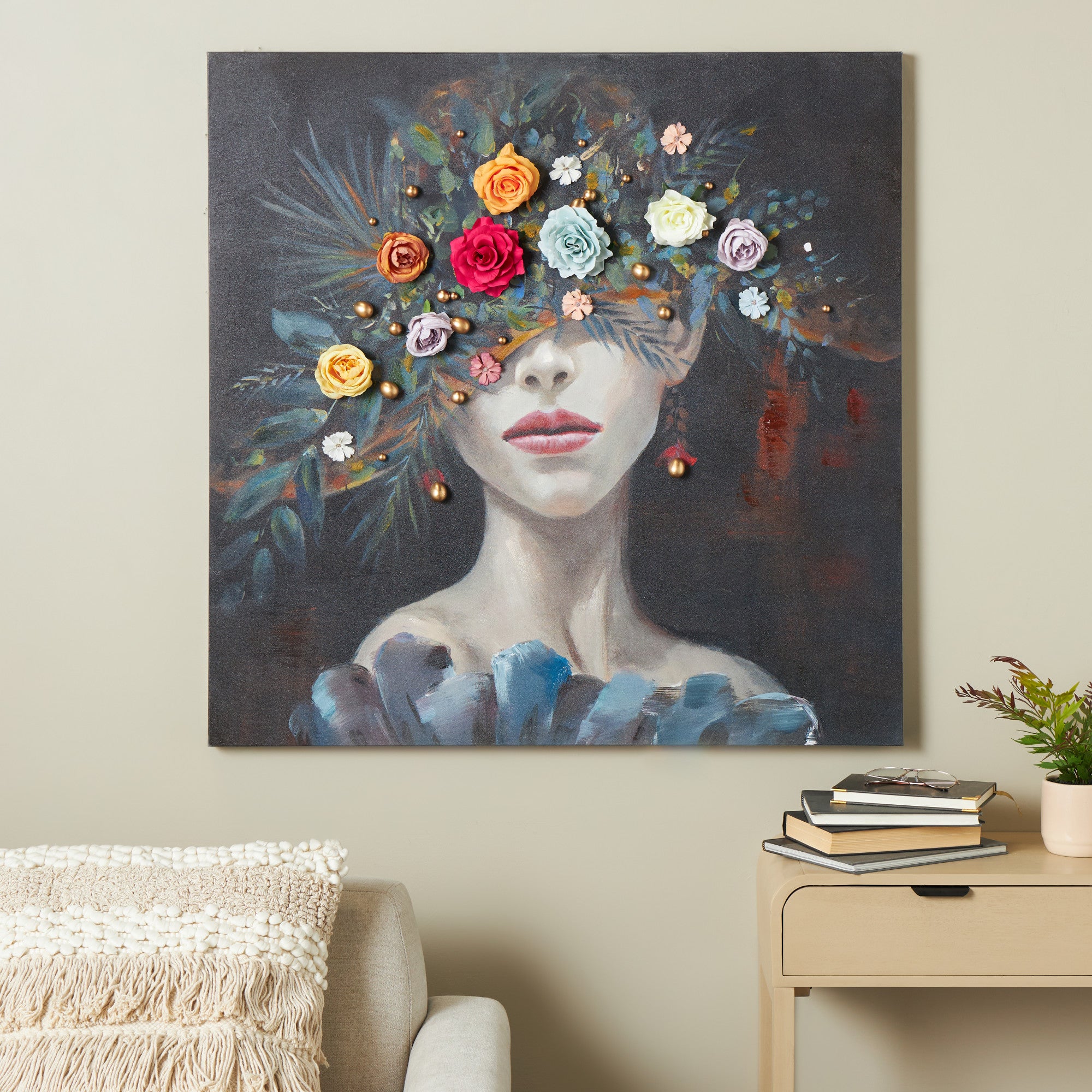 Woman Multi Colored Canvas Decorative Wall Art with 3D Multicolor Flowers and Gold Jewels