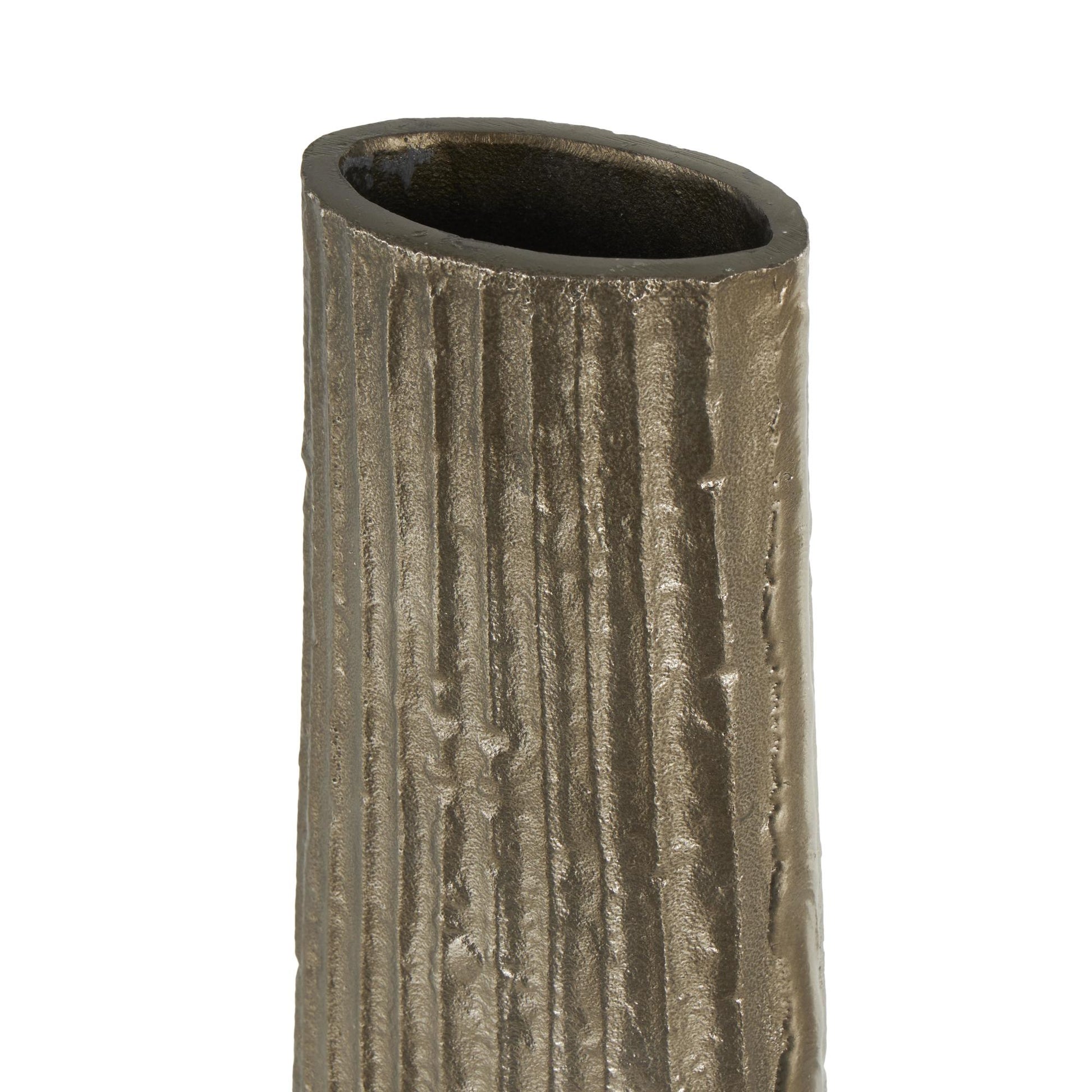 Brass Aluminum Metal Slim Flat Tall Floor Cone Decorative Vase with Textured Ridges
