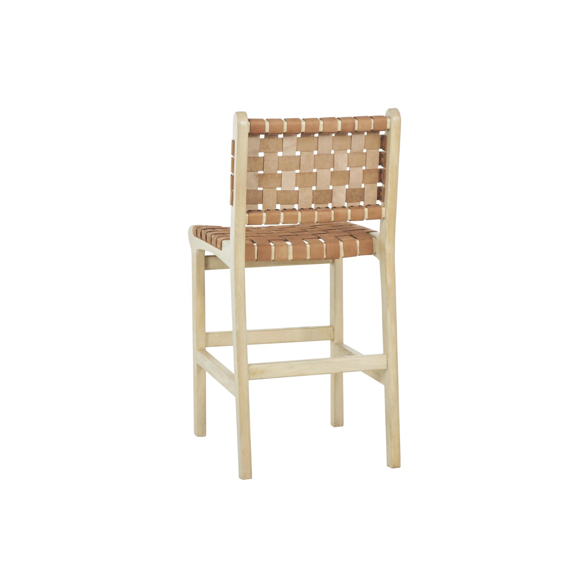Mango Wood Handmade Woven Kitchen Bar Stool with with Backrest and Footrest