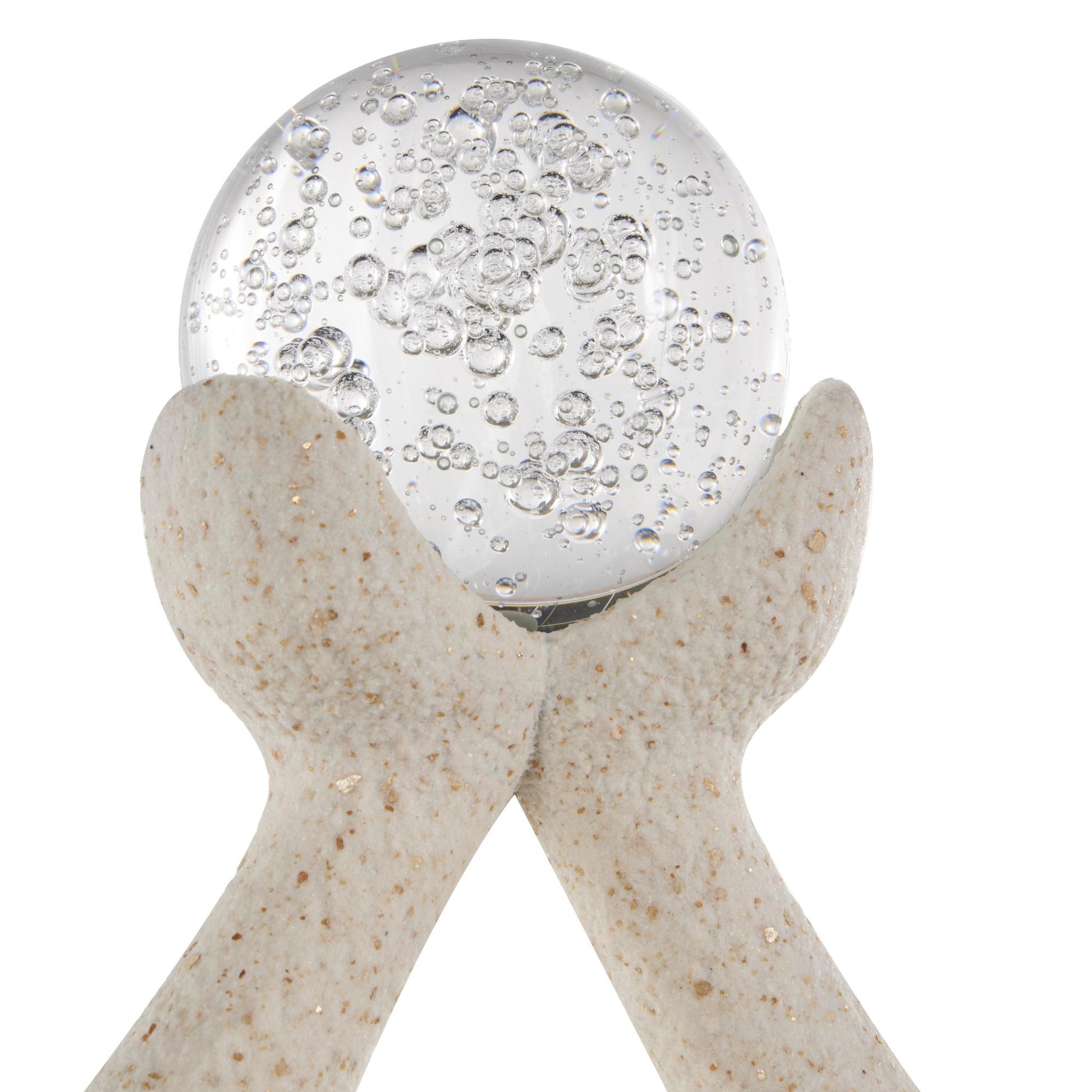 People Cream Polystone Abstract Textured Decorative Sculpture with Clear Glass Ball and Gold Speckles