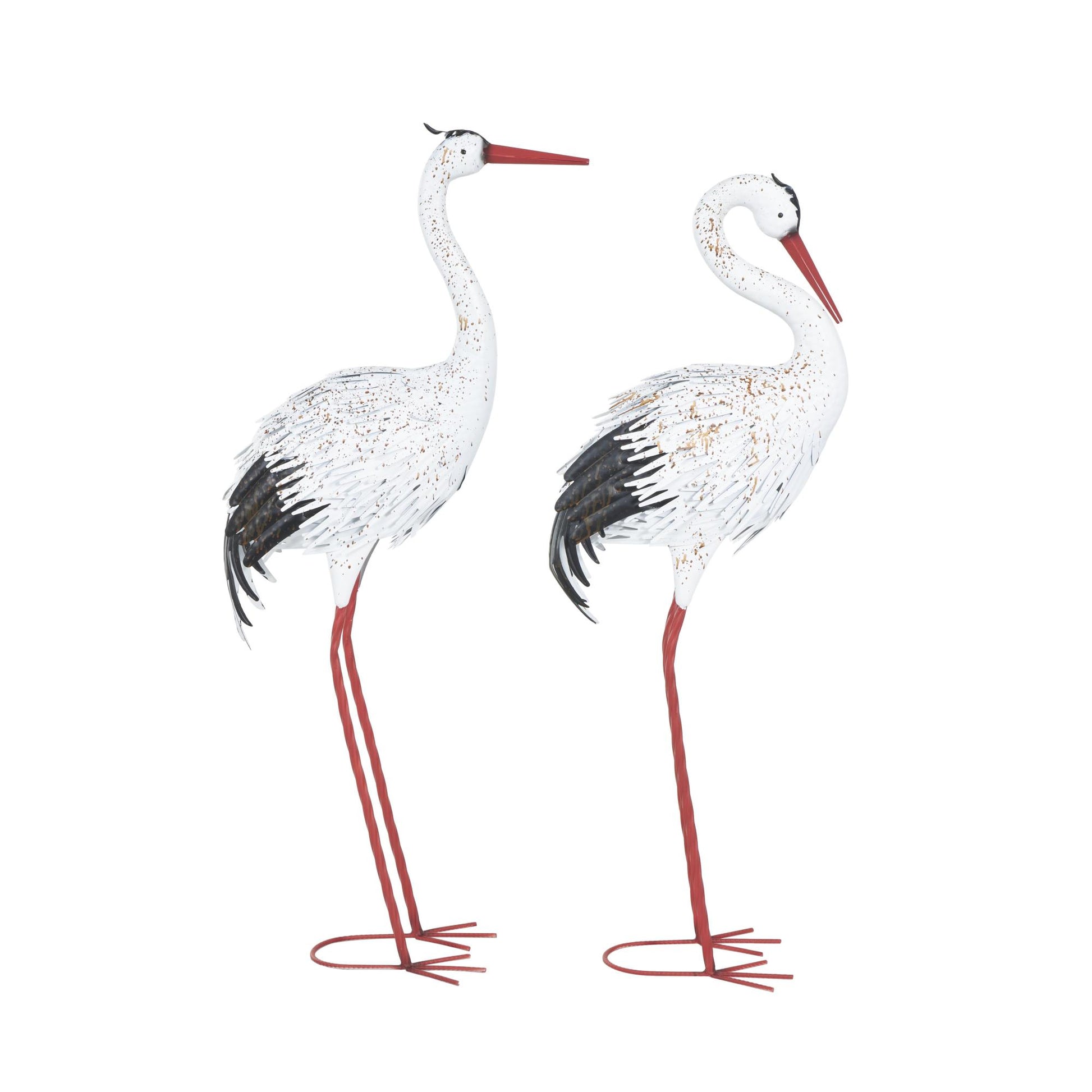 Set of 2 Crane White Metal Tall Decorative Garden Sculpture with Brown Speckled Texture and Red Accents