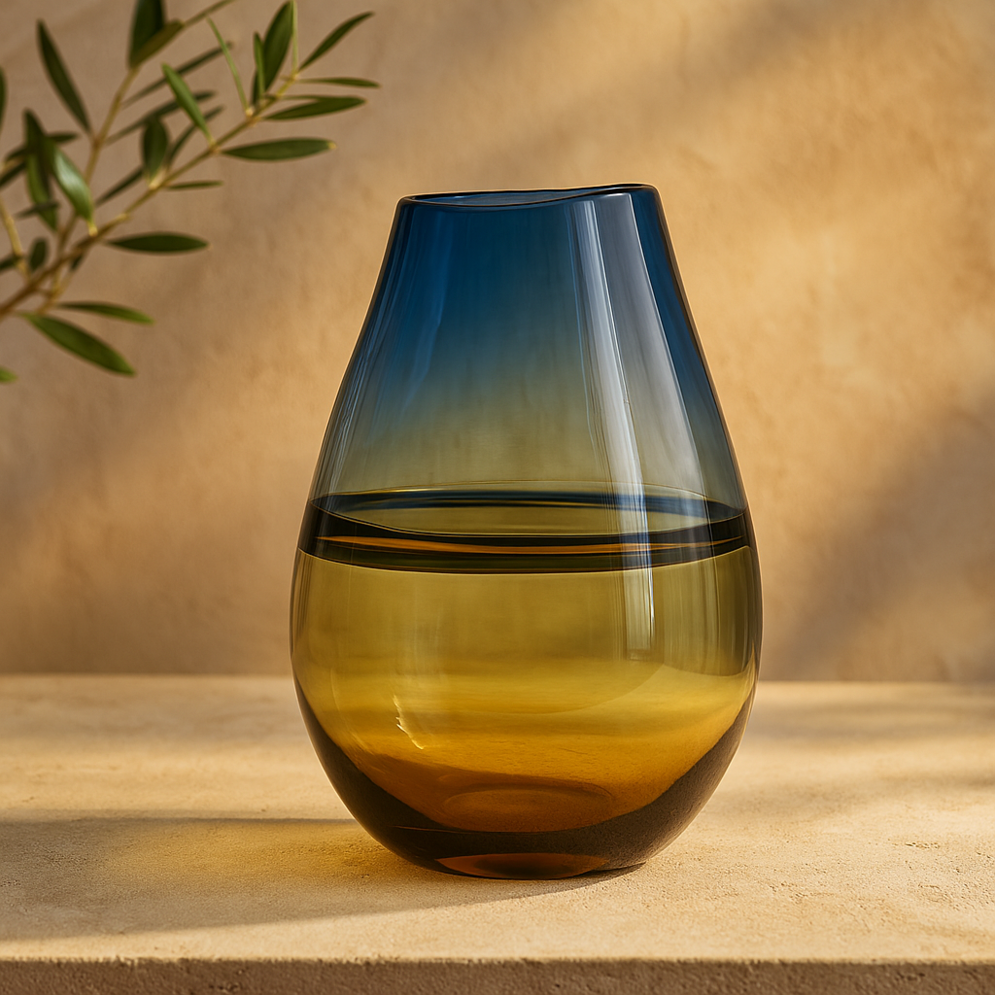 Blue Glass Handmade Ombre Decorative Vase with Yellow Base