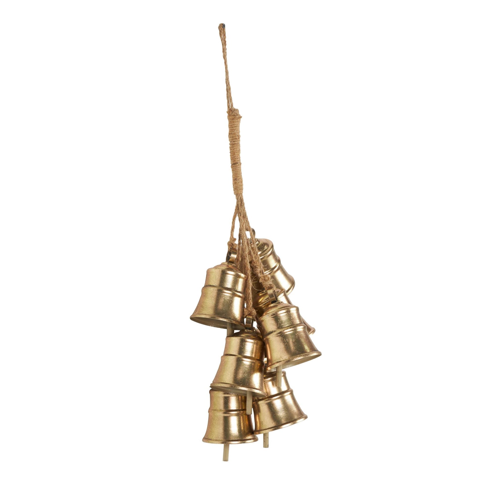 Gold Metal Tibetan Inspired Cascading Cluster Indoor Outdoor Decorative Bells with 8 Bells on Jute Hanging Rope