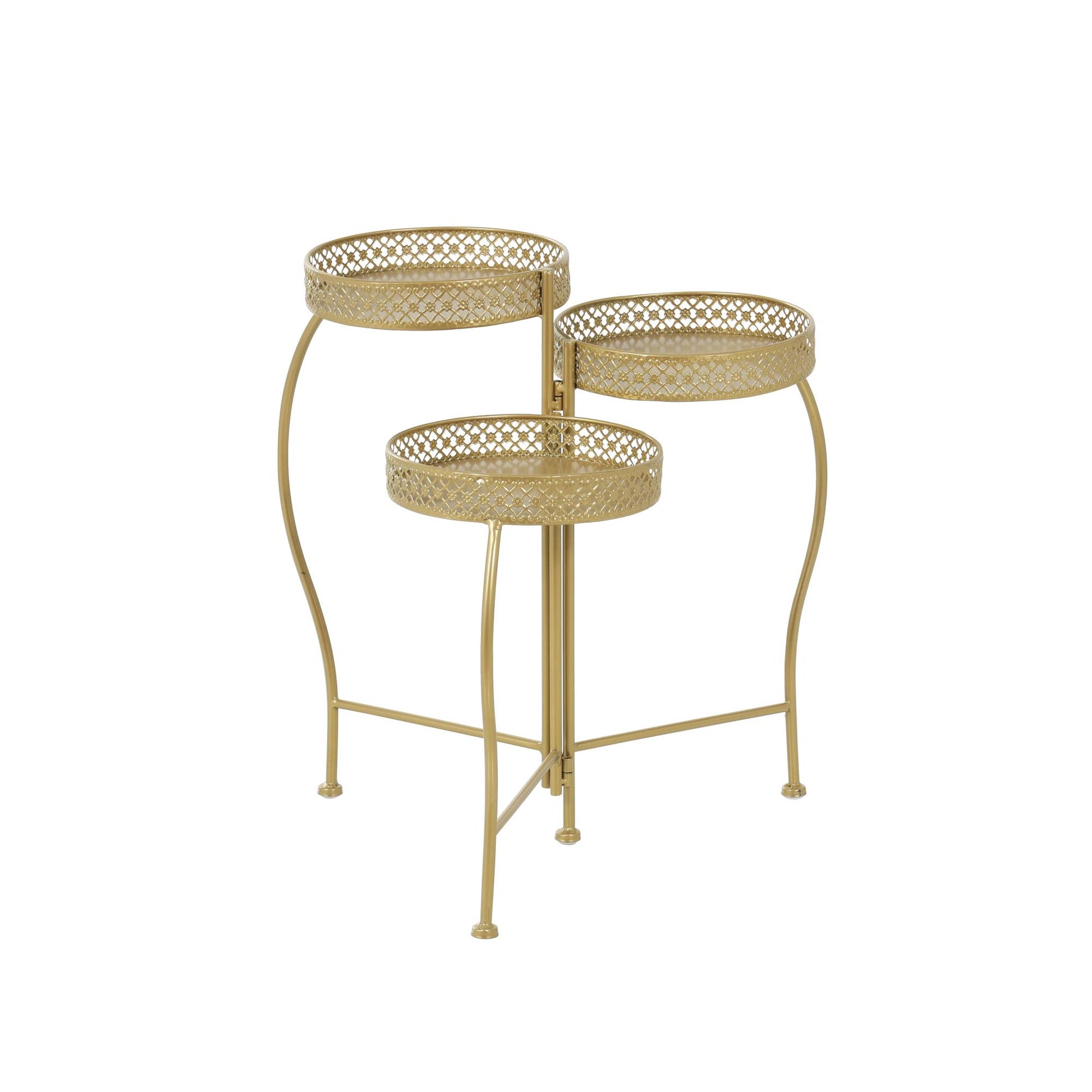 Metal Curved Folding 3 Tier Indoor Outdoor Plantstand with Floral and Scroll Patterns