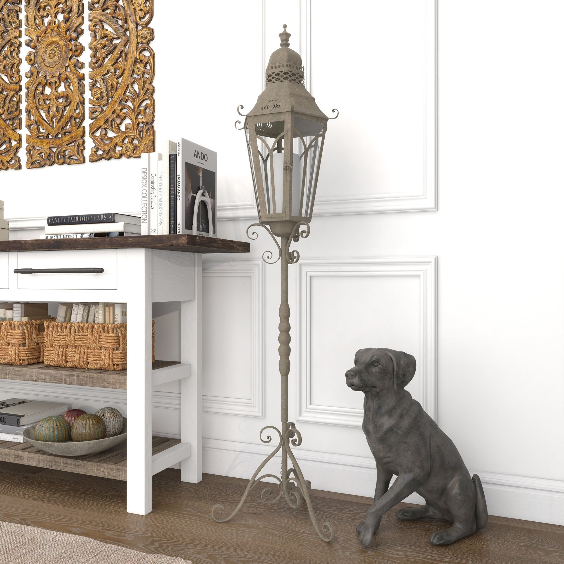 Scroll Brown Metal Weathered Antique Tall Standing Floor Indoor Outdoor Candle Lantern