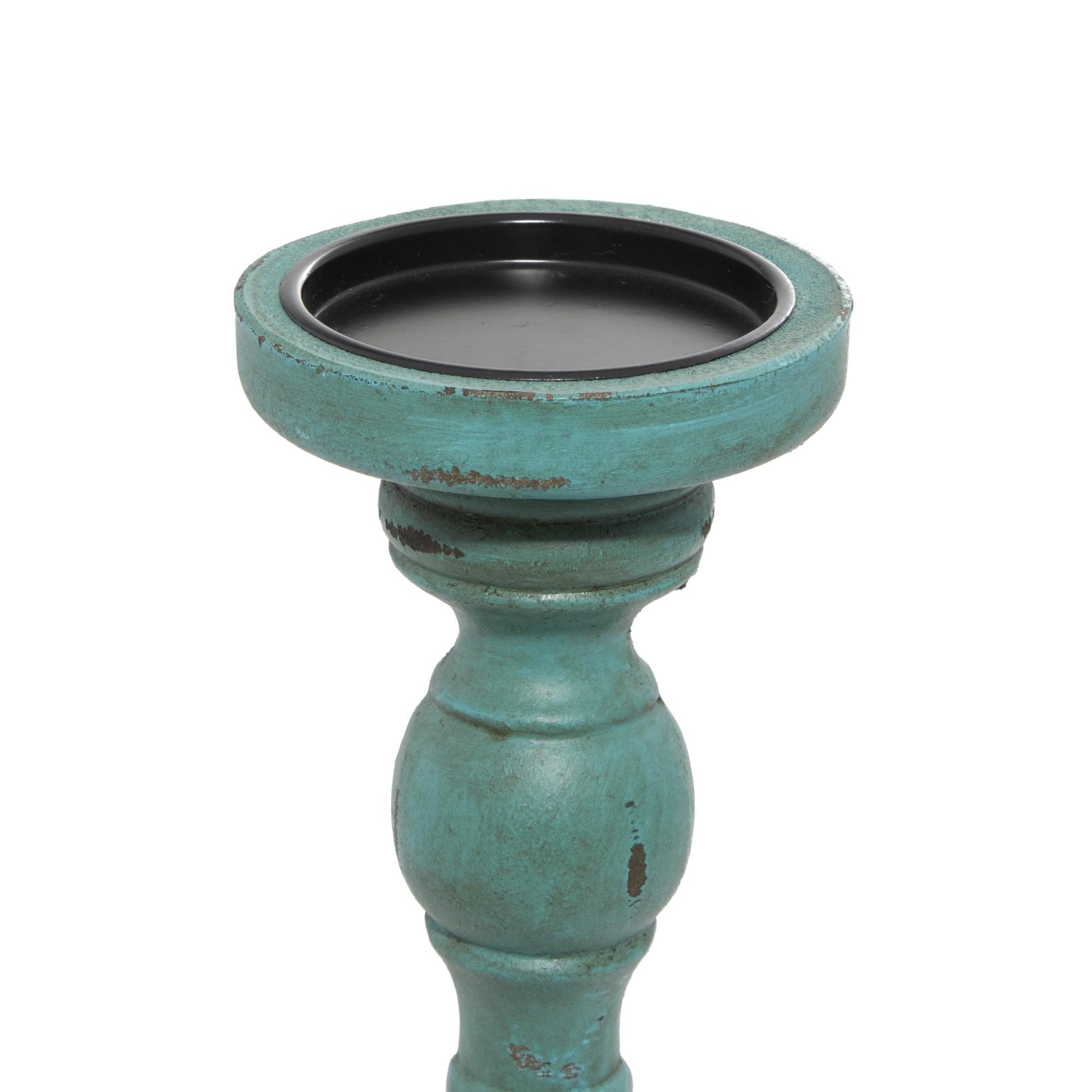 Set of 3 Teal Wooden Distressed Turned Decorative Candle Holder