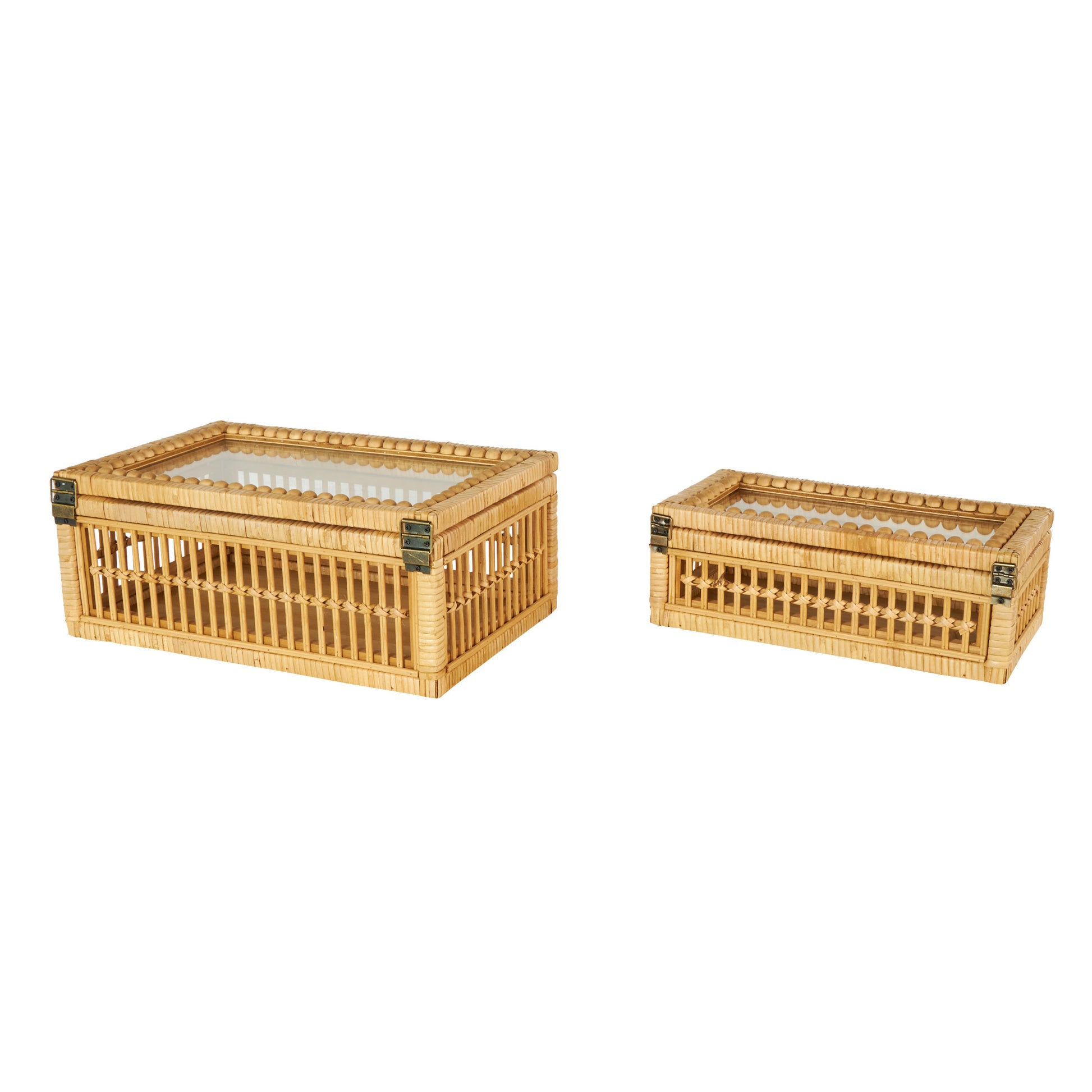 Set of 2 Brown Rattan Handmade Woven Storage Decorative Box with Glass Top and Bronze Latches