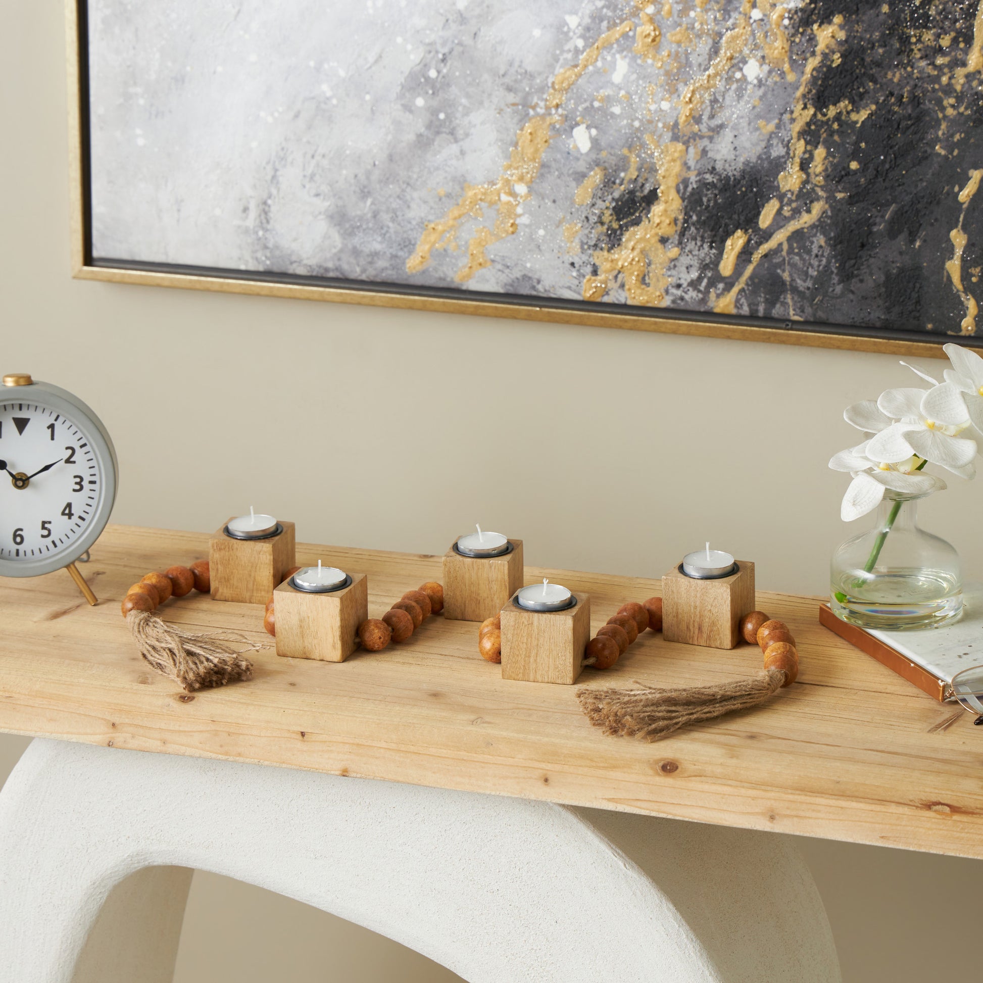 Wood Garland Decorative Candle Holder with Brown Tassel