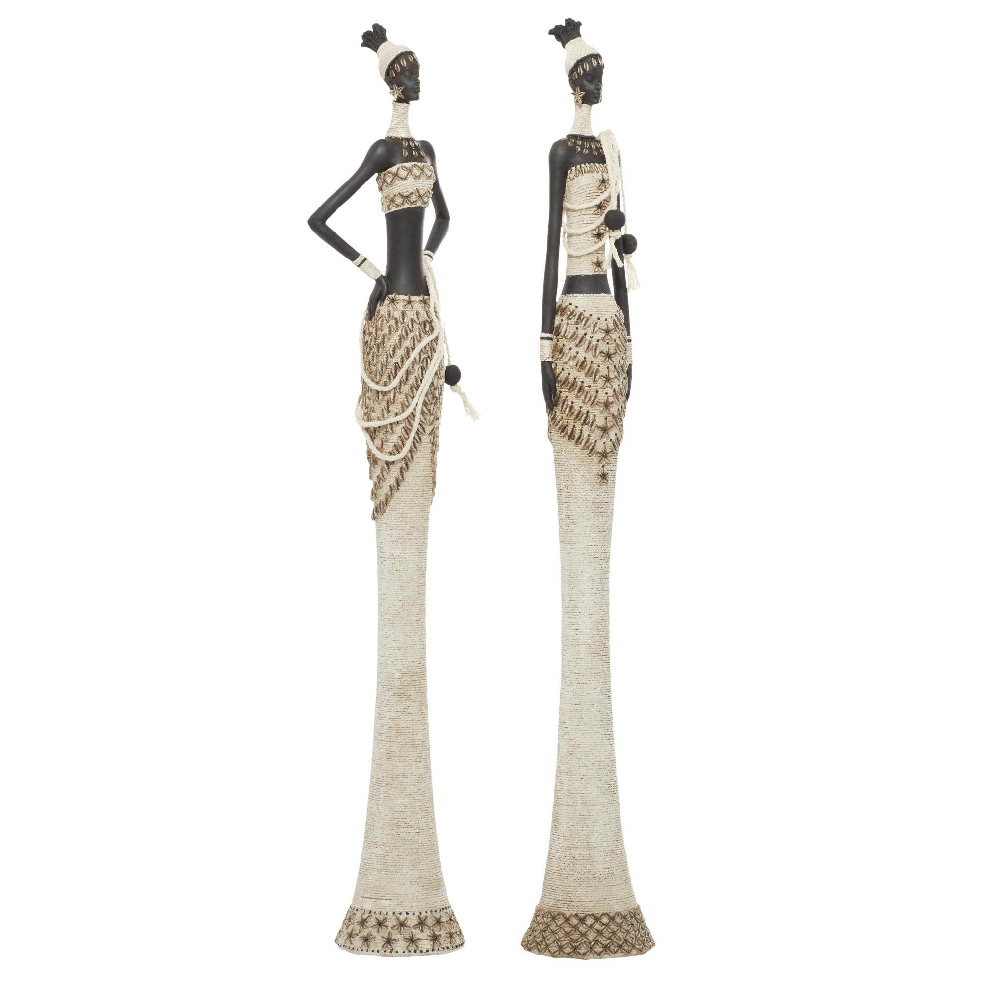 Set of 2 Woman White Polyresin Handmade Standing African Decorative Sculpture with Intricate Details