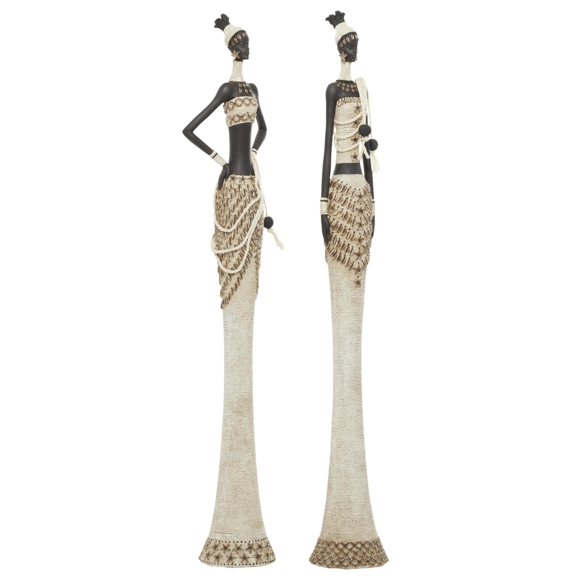 Set of 2 Woman White Polyresin Handmade Standing African Decorative Sculpture with Intricate Details