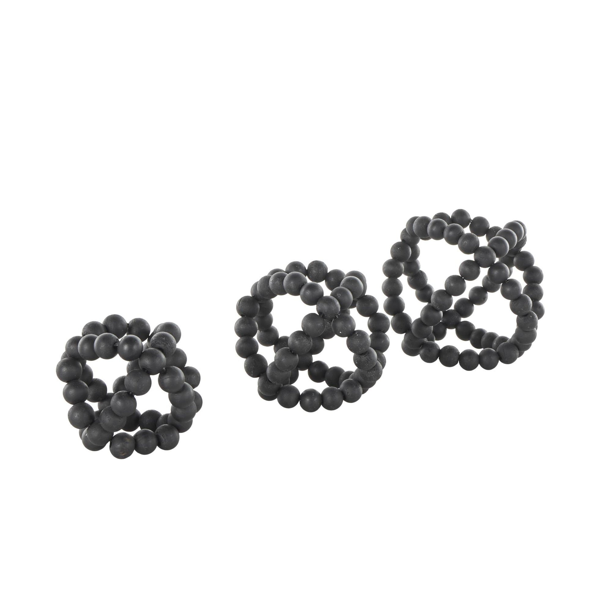 Set of 3 Black Wood Beaded Decorative Orbs & Vase Filler with Overlapping Rings