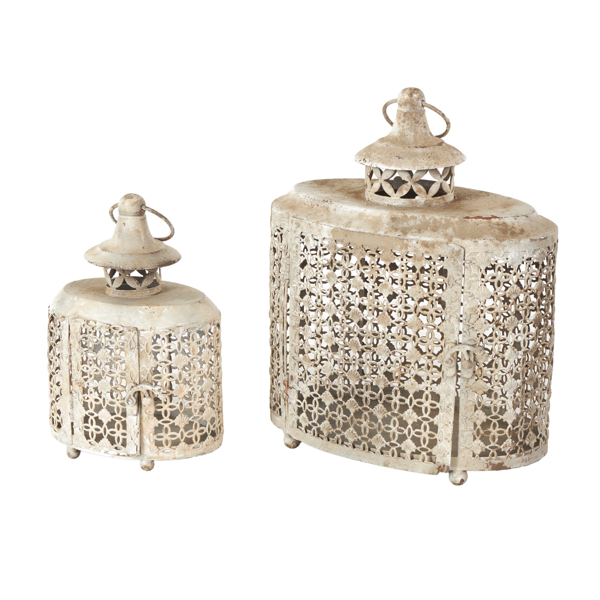 Set of 2 Floral Beige Metal Antique Distressed Oval Cutout Indoor Outdoor Candle Lantern