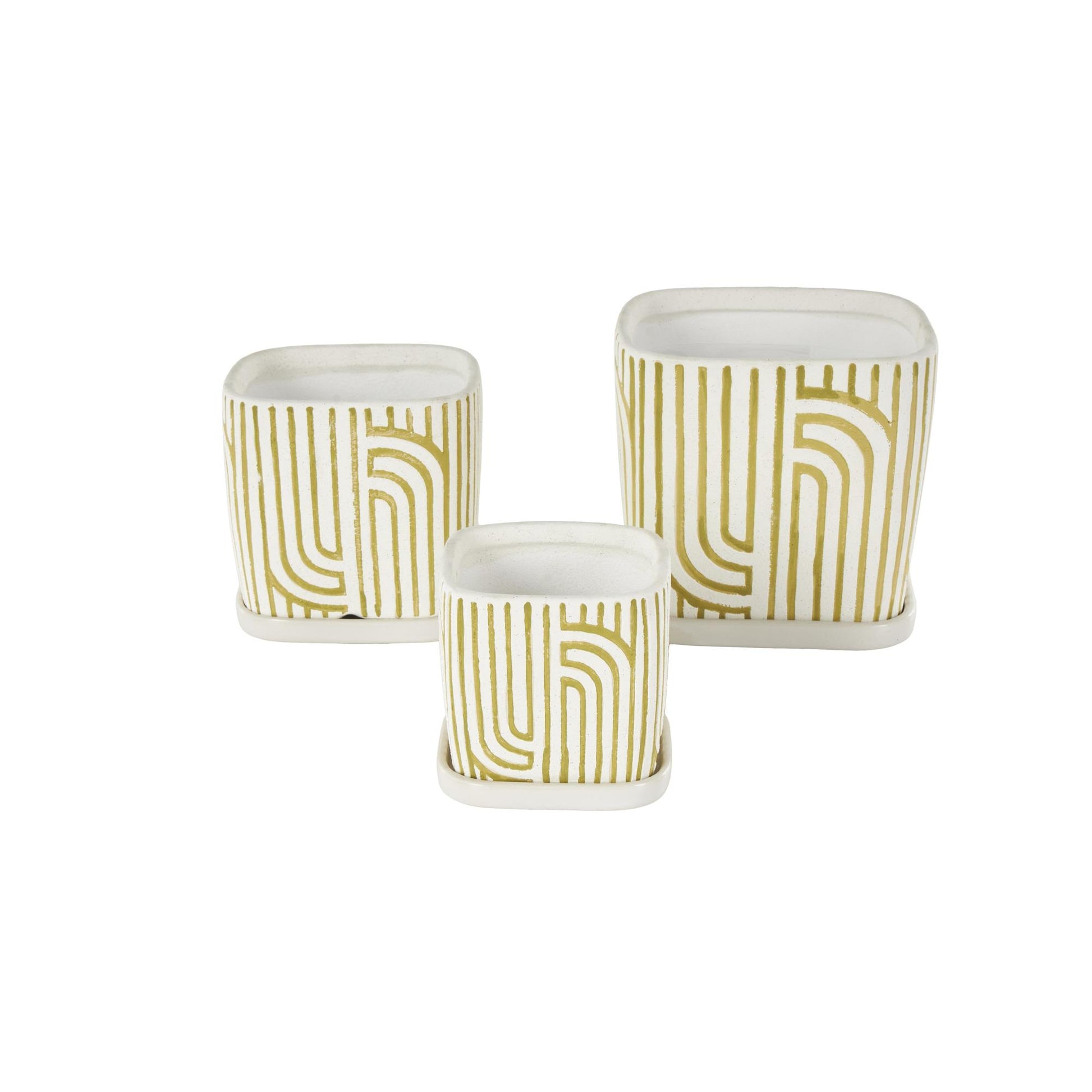 Set of 3 Geometric Ceramic Arched Patterned Indoor Outdoor Planter with Attached Saucer