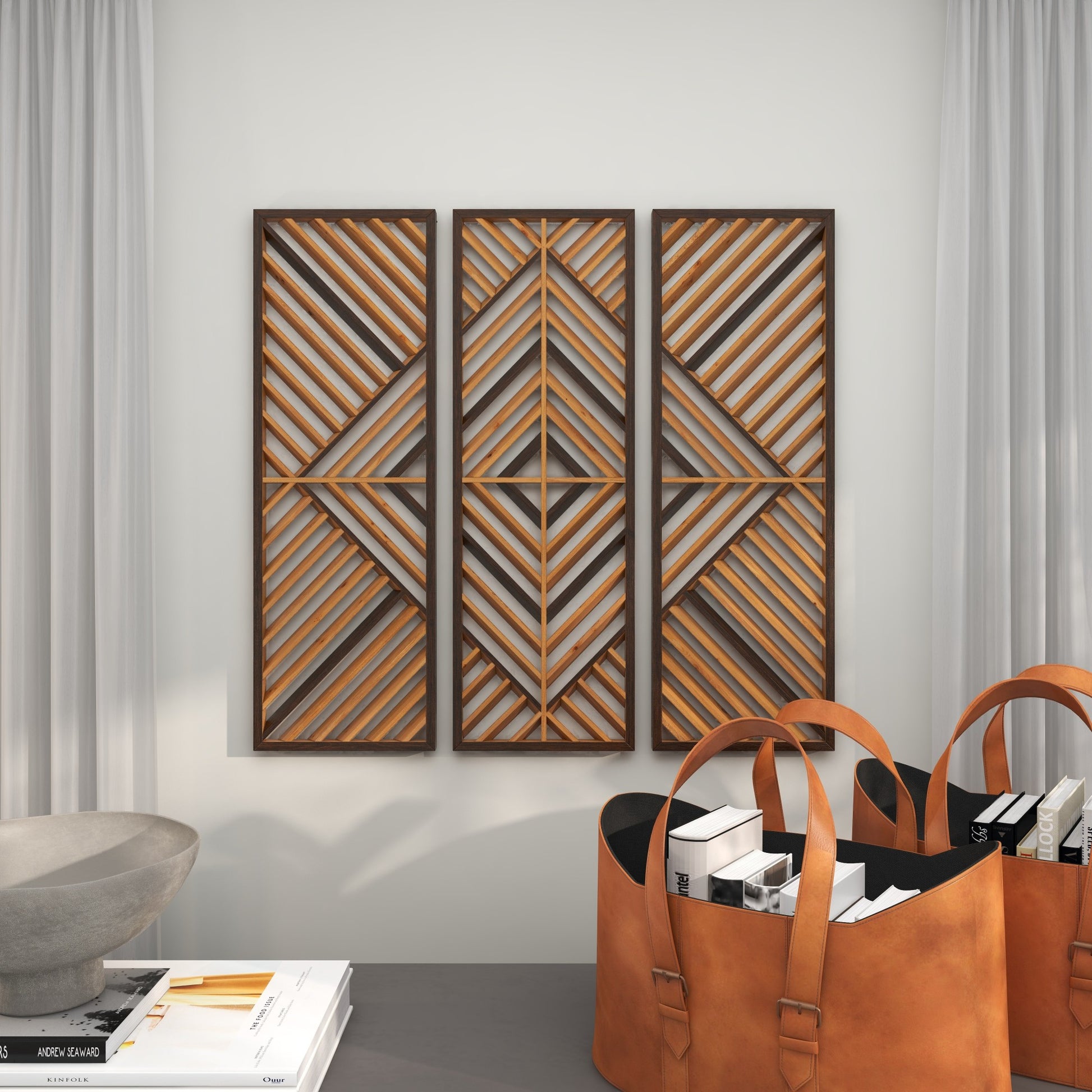 Set of 3 Geometric Brown Wood Slatted Wood Design Home Wall Decor