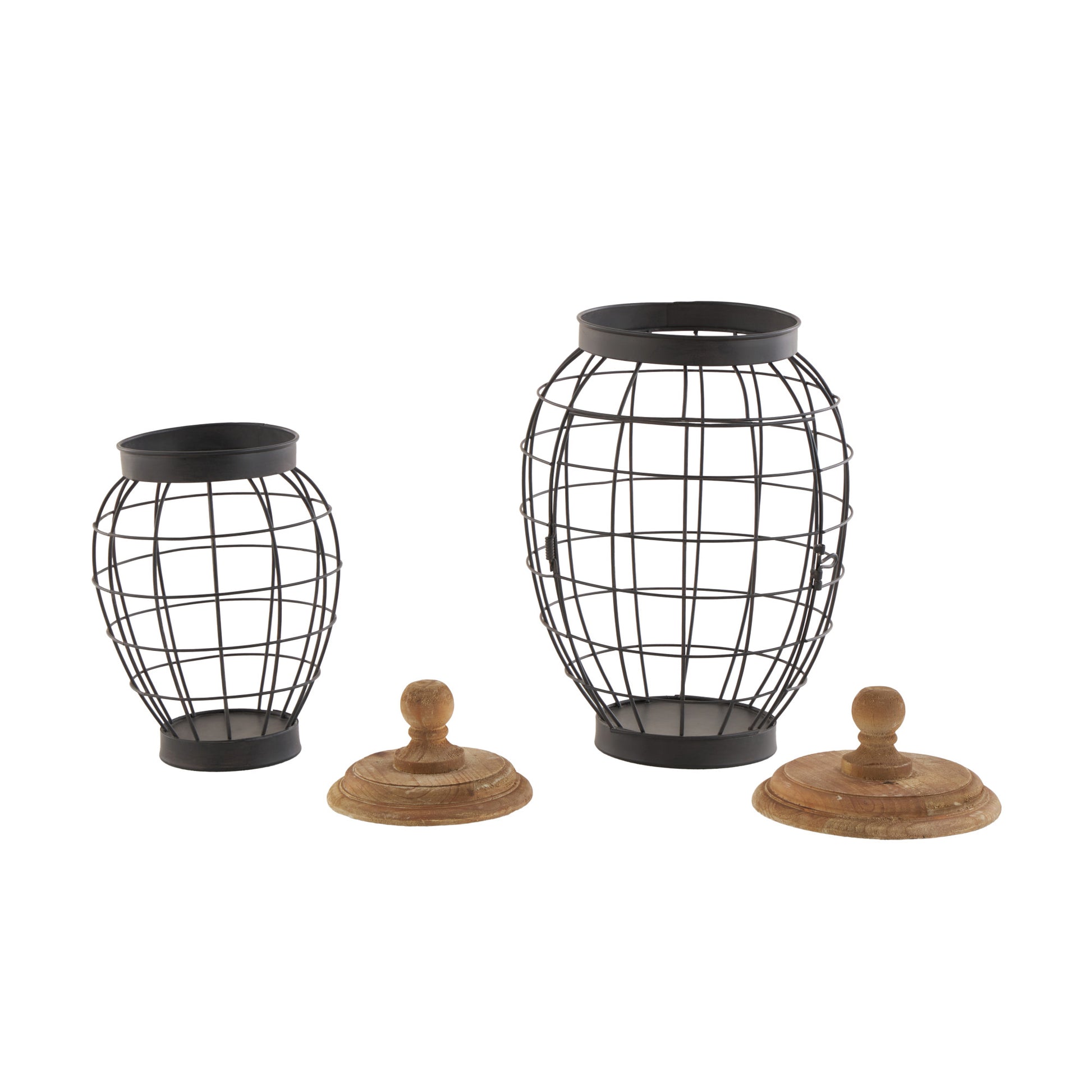 Set of 2 Black Metal Wire Caged Living Room Decorative Jars with Wooden Lids