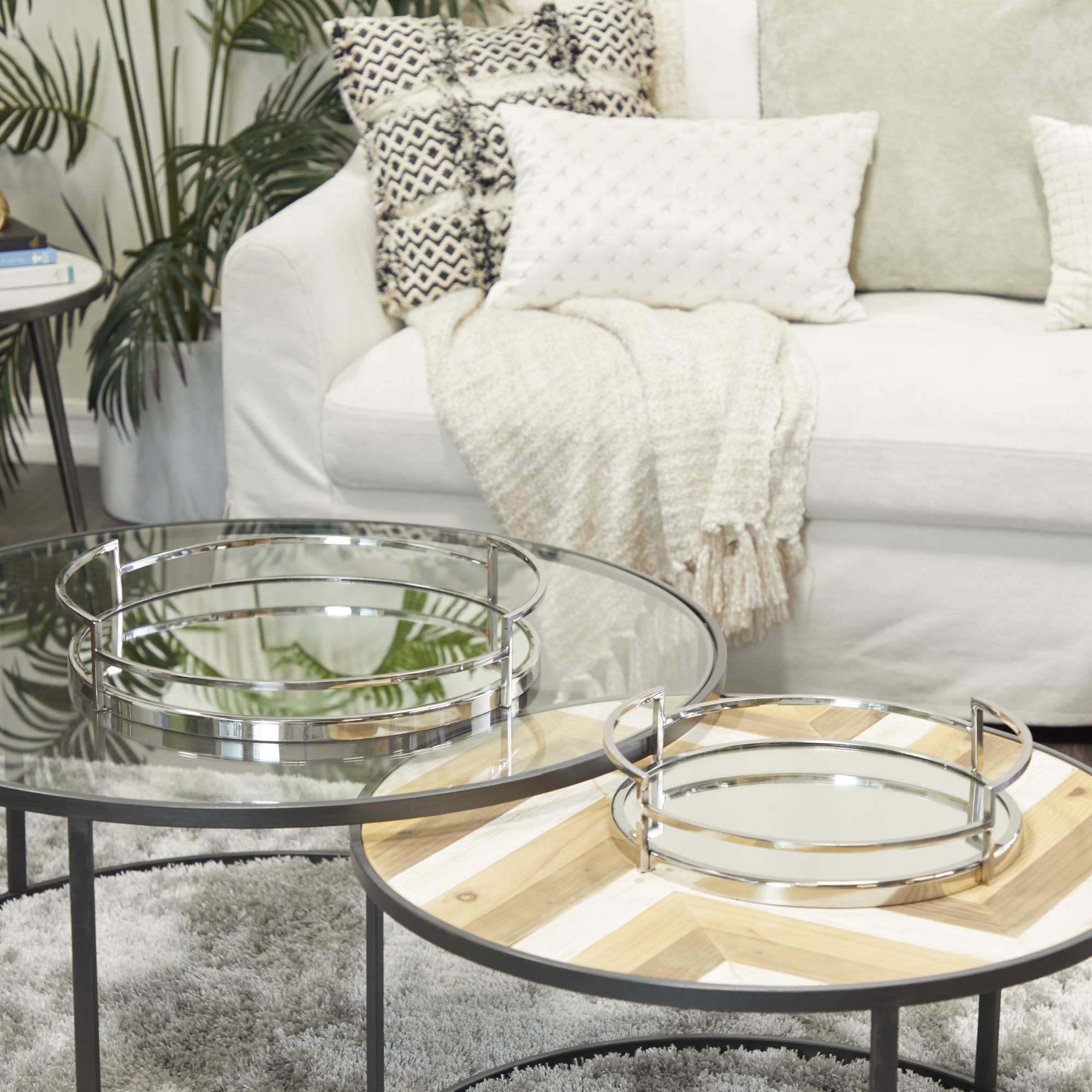 Set of 2 Stainless Steel Metal Round Mirrored Living Room Decor Tray with Elevated Rim and Handles