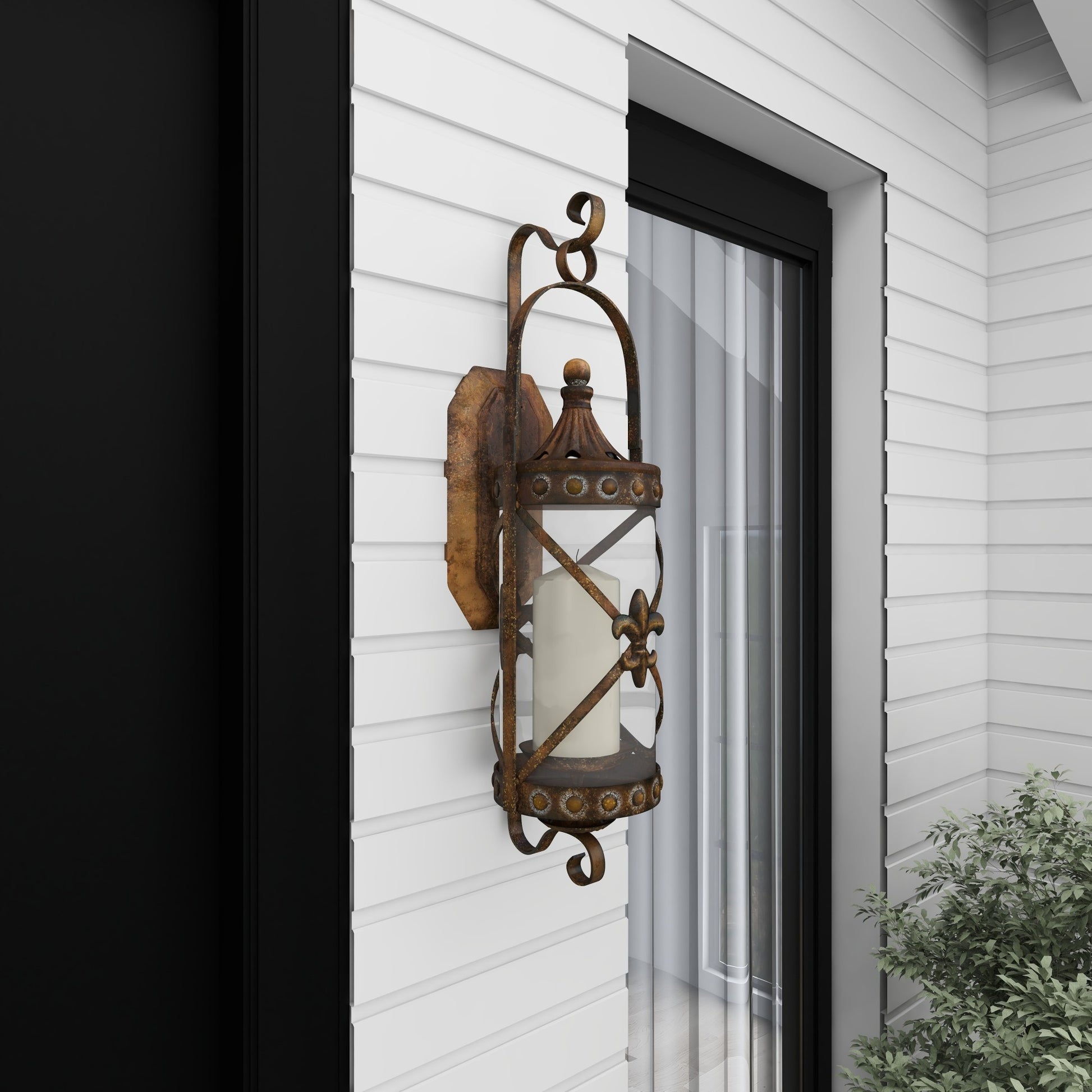 Fleur De Lis Metal Suspended Studded Single Candle Indoor Outdoor Wall Sconce with Scroll Details