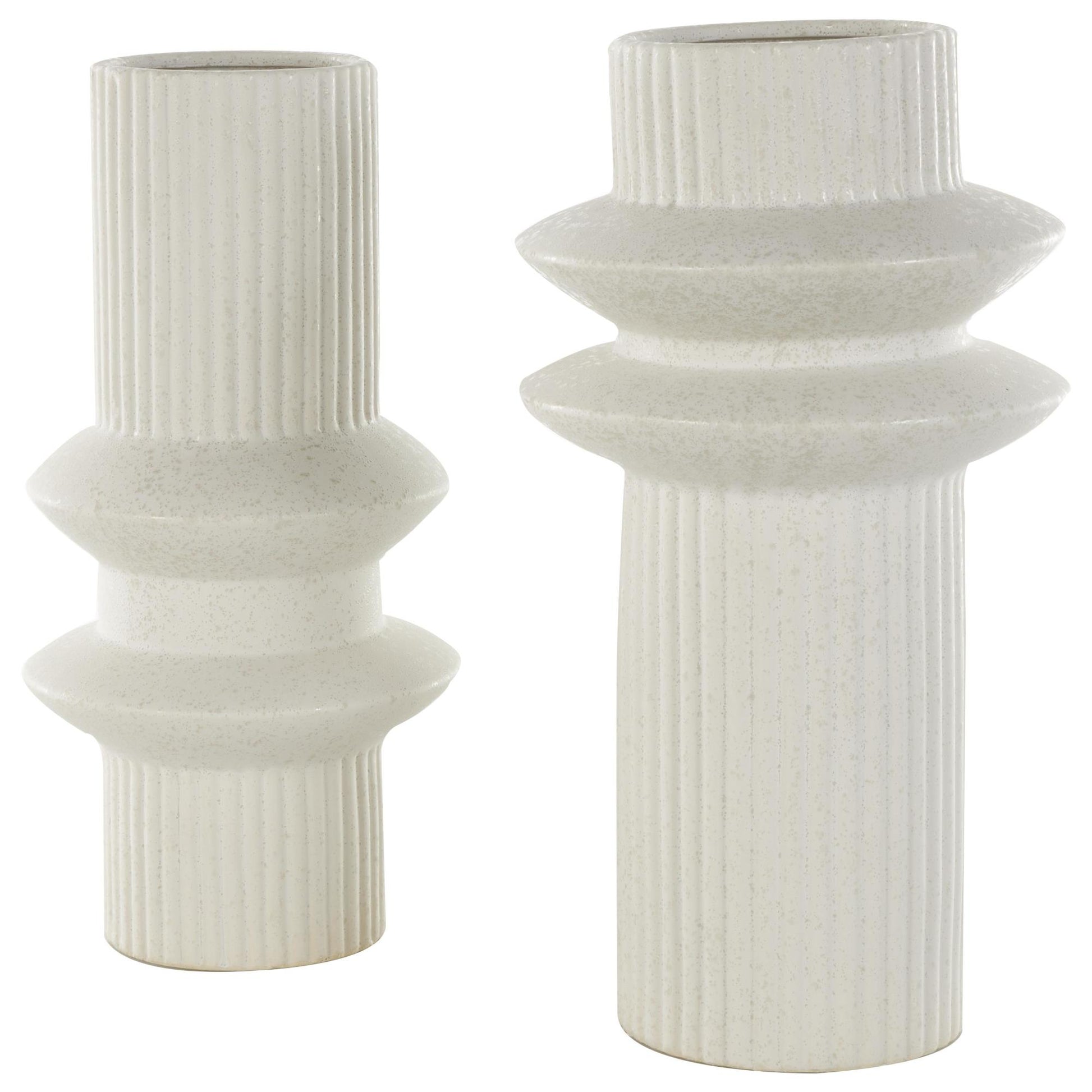 Set of 2 Abstract White Ceramic Ribbed Decorative Vase with Speckled Texturing