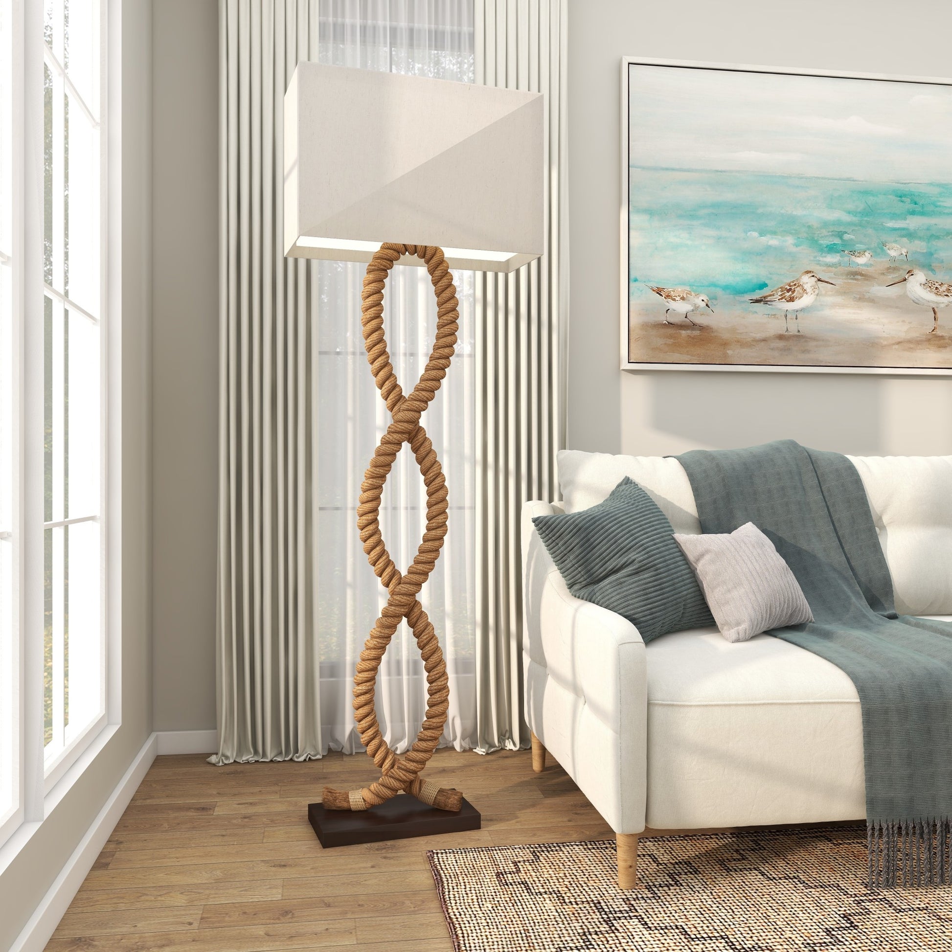 Brown Jute Rope Rope Room Floor Lamp with Linen Shade