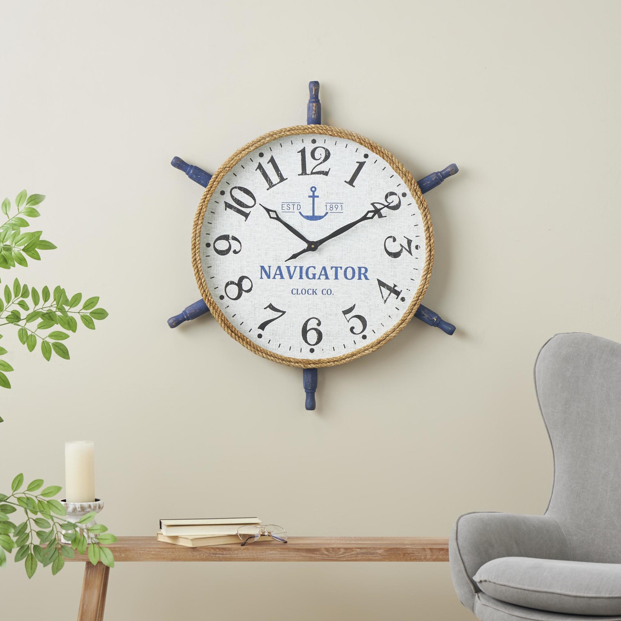 Ship Wheel White Wood Decorative Wall Clock with Brown Rope Frame and Blue Spokes