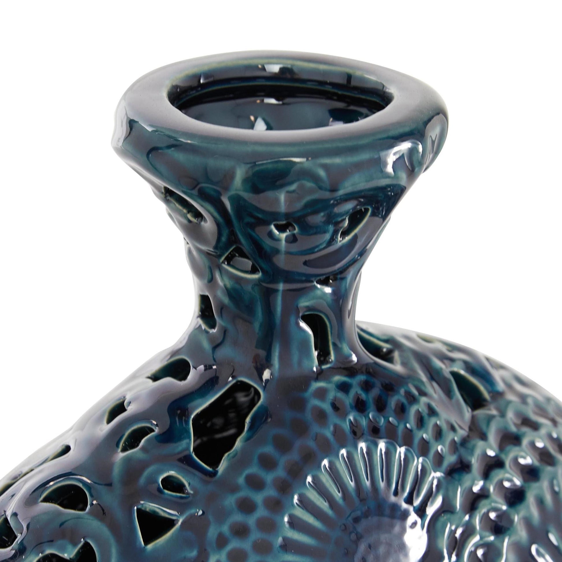 Set of 2 Floral Blue Ceramic Decorative Vase with Cut Out Patterns