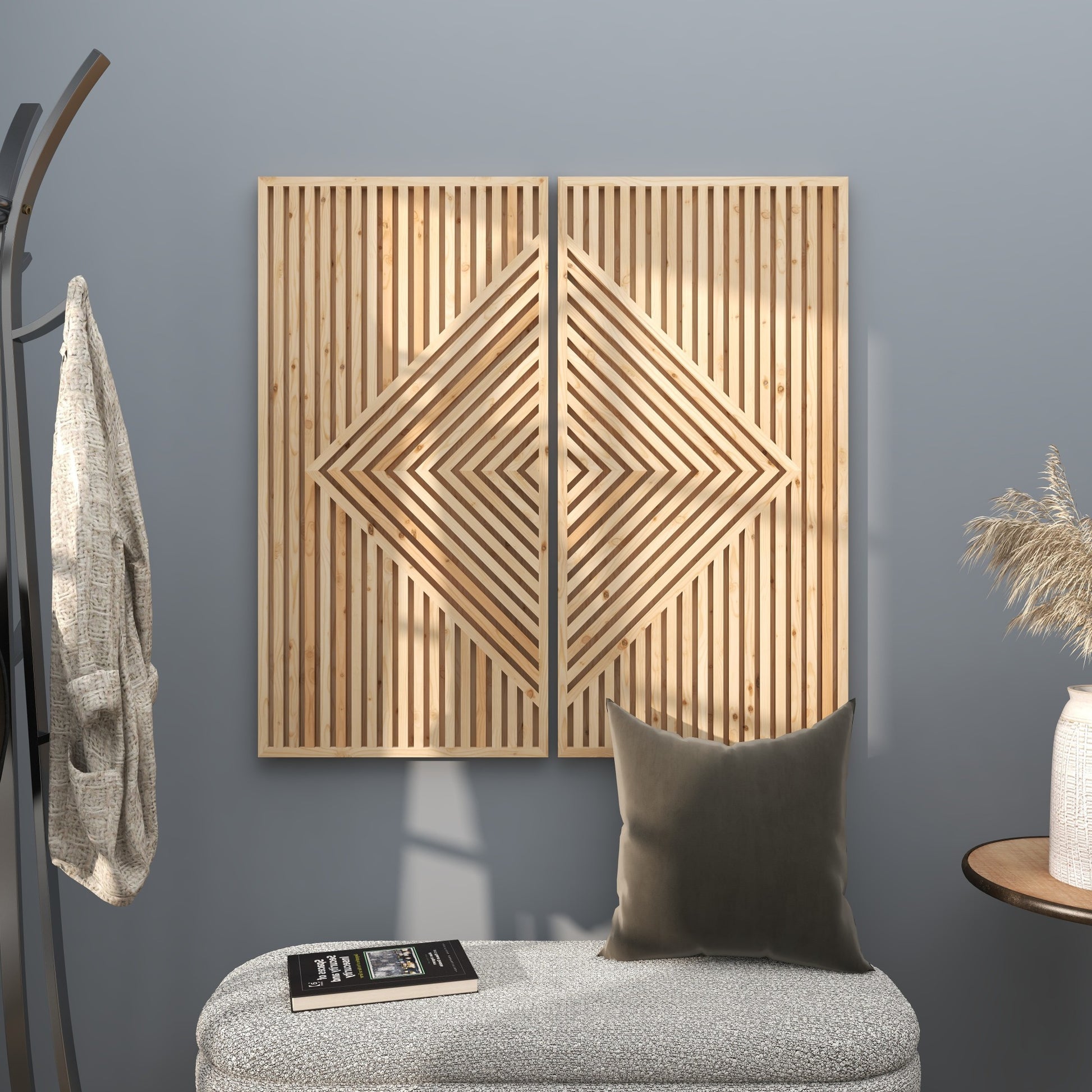Set of 2 Geometric Brown Wood Carved Home Wall Decor