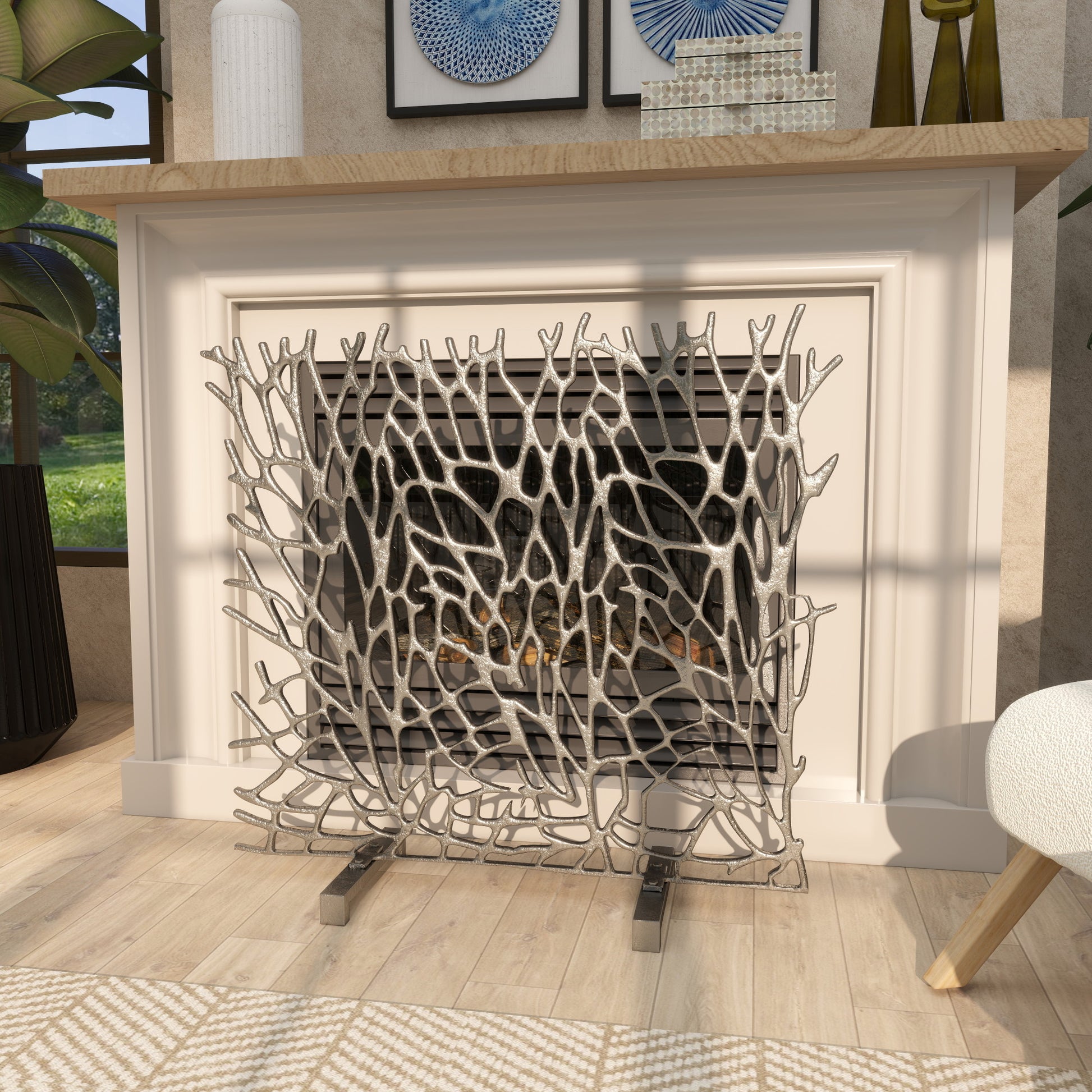 Abstract Aluminum Metal Coral Inspired Single Panel Living Room Fireplace Screen 35" x 10" x 34"