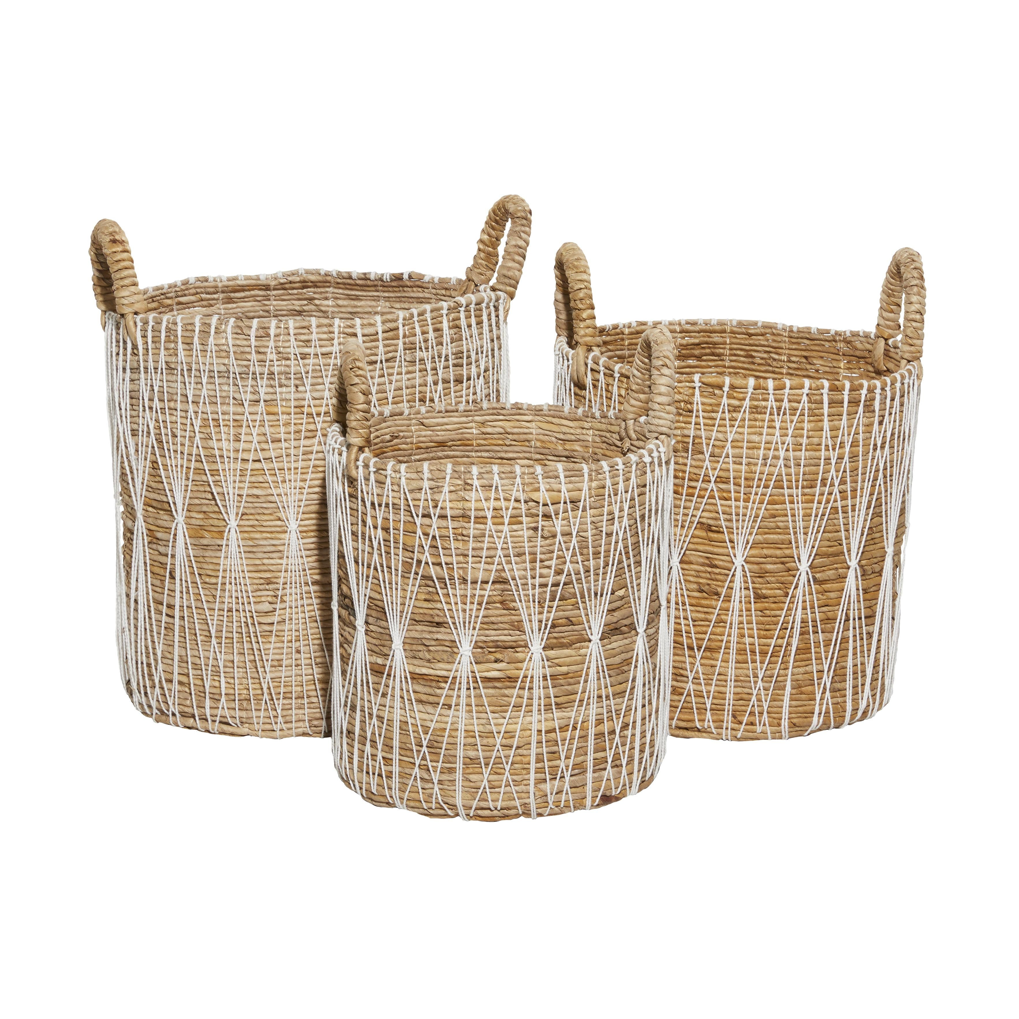 Set of 3 Banana Leaf Handmade String Detail Decorative and Functional Storage Basket with Handles Set of 3 20", 19", 17"H