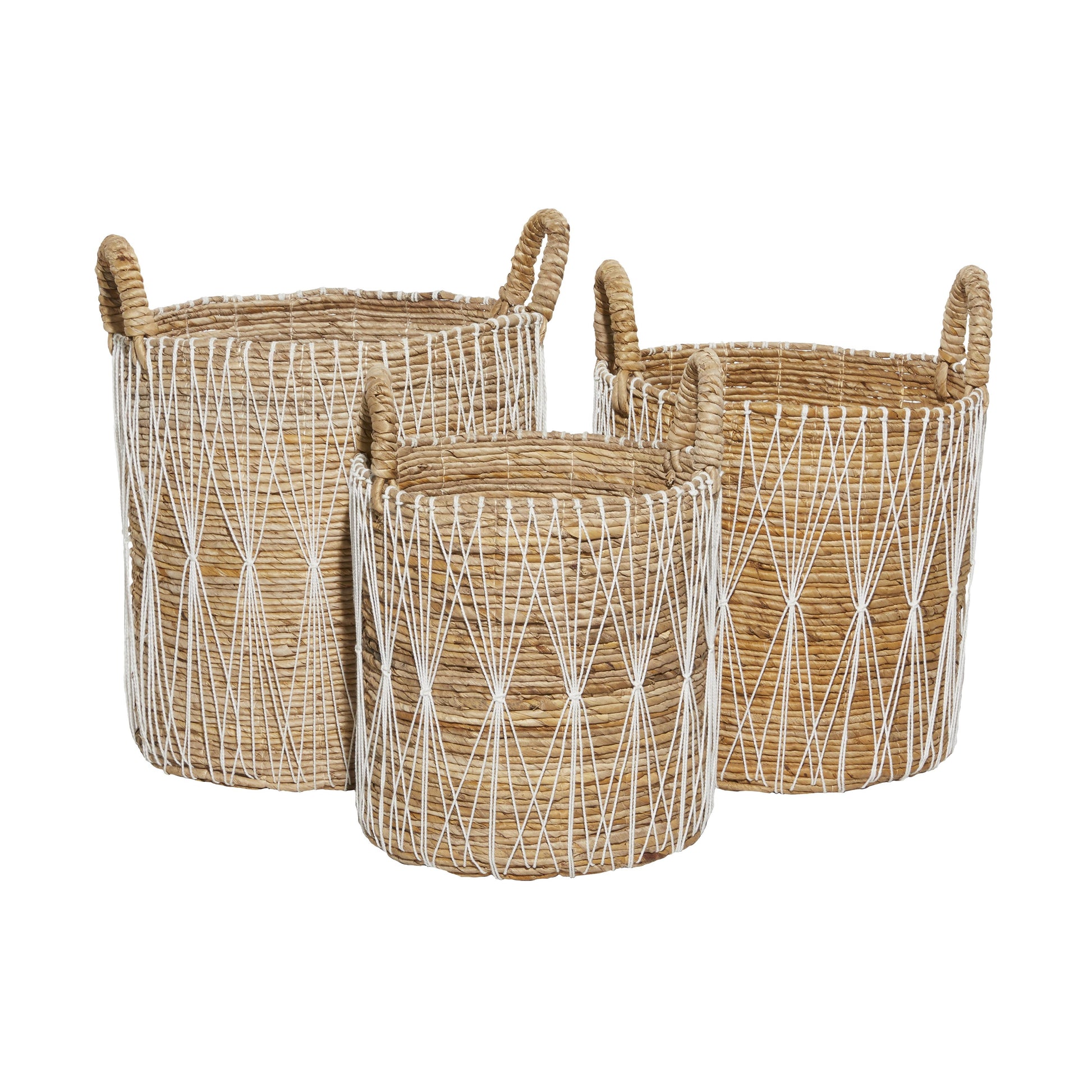Set of 3 Banana Leaf Handmade String Detail Decorative and Functional Storage Basket with Handles Set of 3 20", 19", 17"H