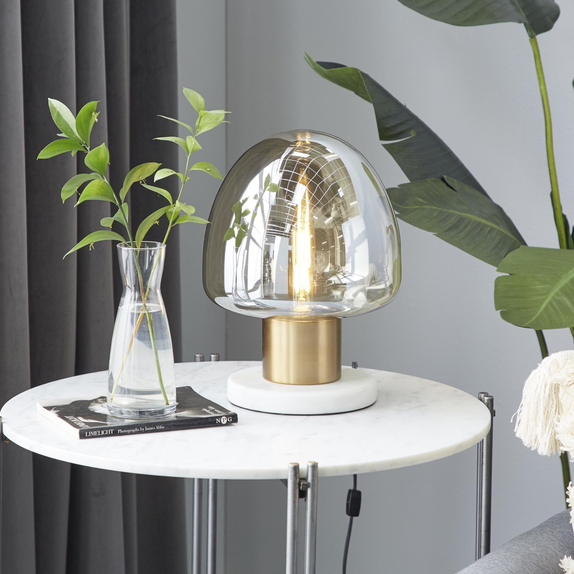 Gold Metal Room Table Lamp with Clear Dome Shaped Shade and Marble Base