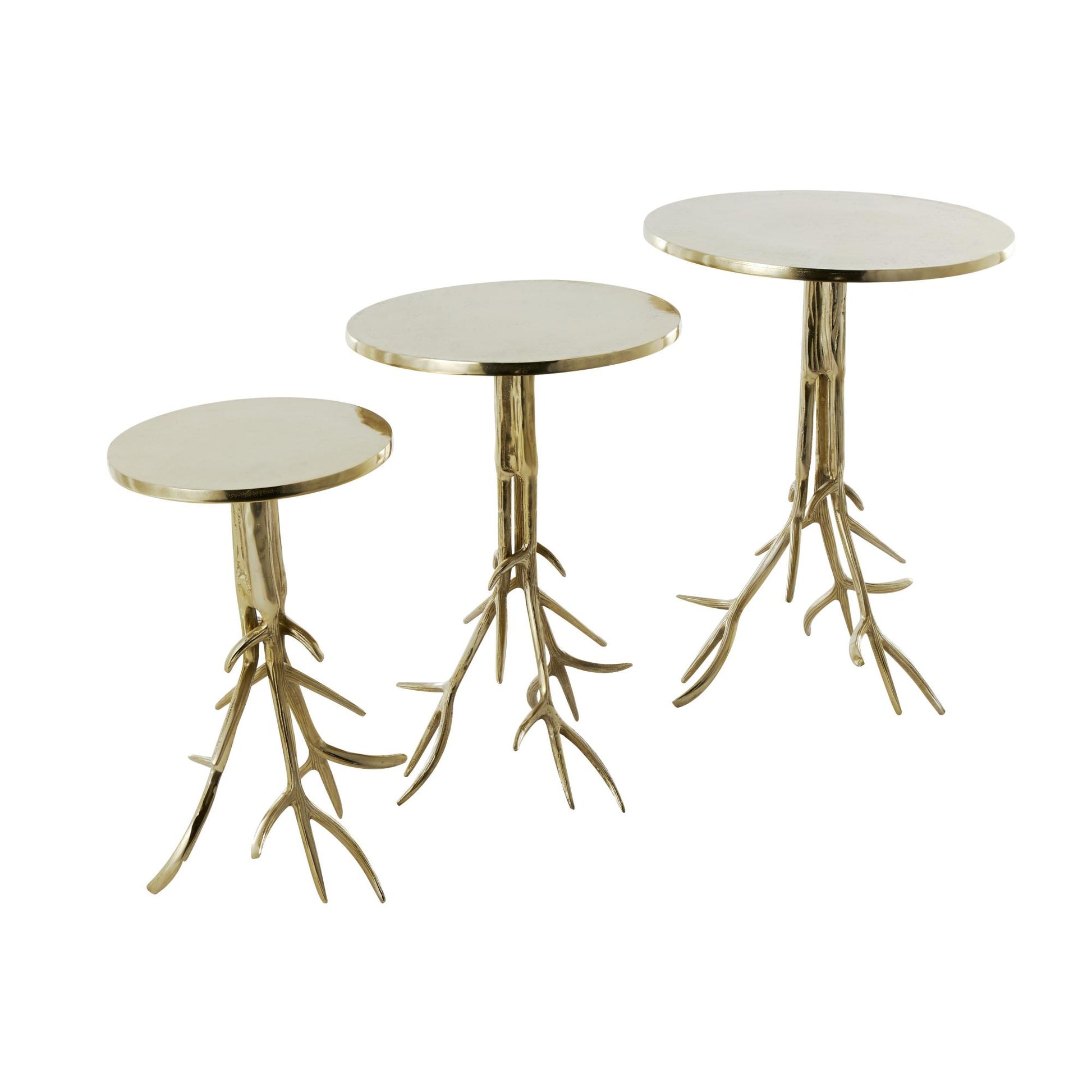 Set of 3 Aluminum Metal Side End Accent Table with Textured Tree Branch Legs Set of 3 24", 22", 20"H