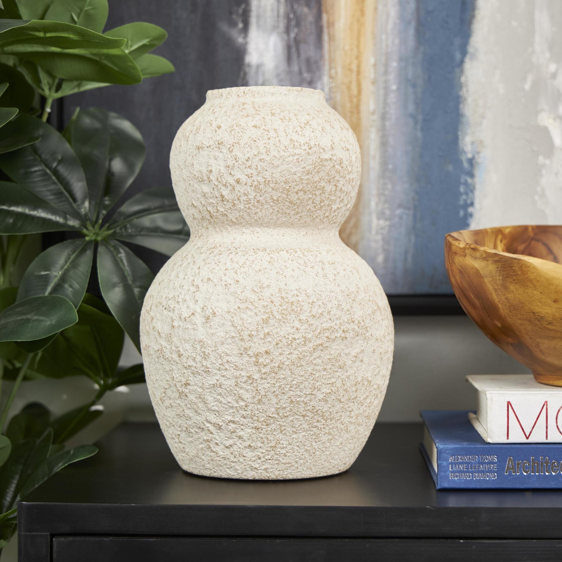 Cream Ceramic Hourglass Textured Decorative Vase with Brown Distressing