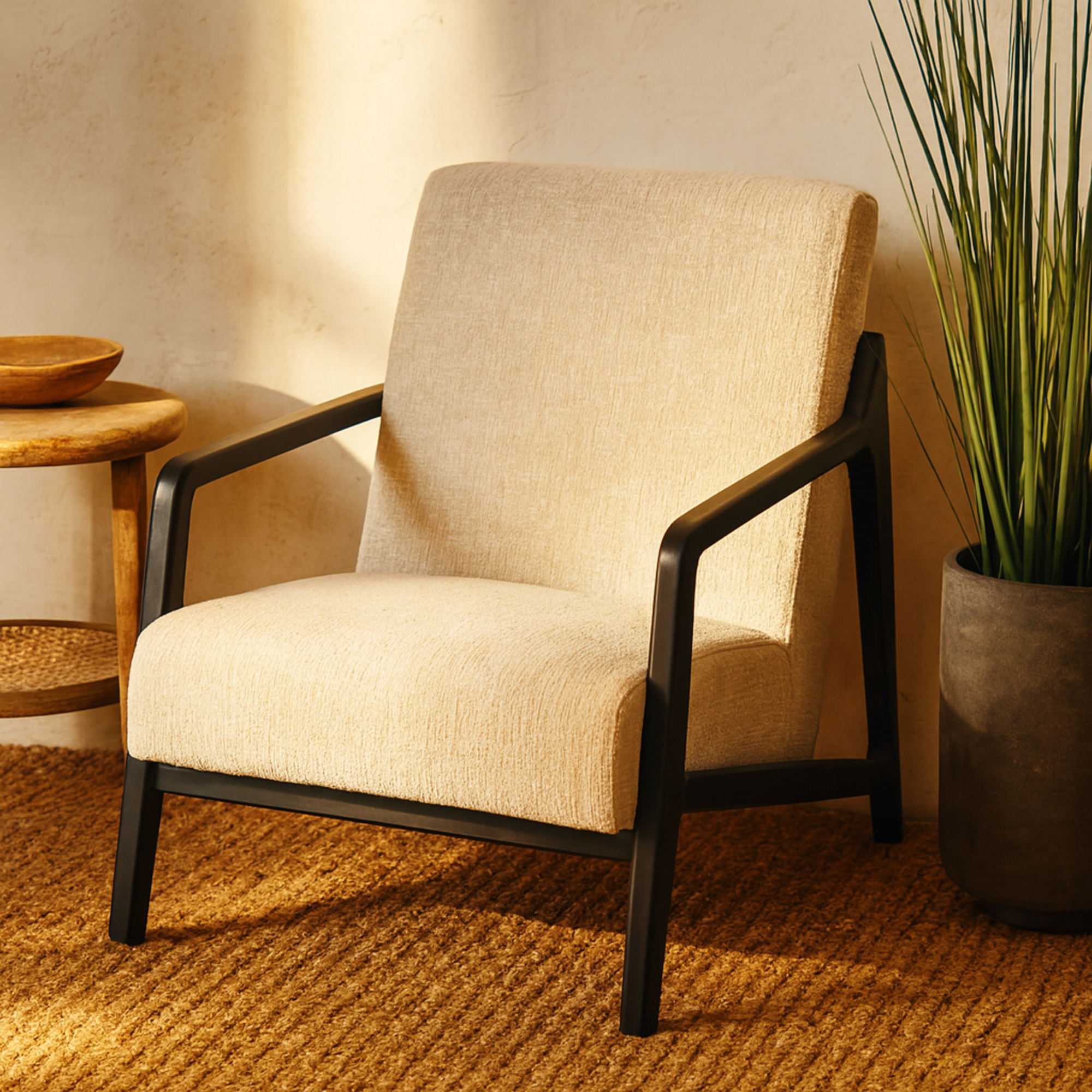 Cream Polyester Mid Century Modern Boucle Living Room Accent Chair with Black Wood Frame