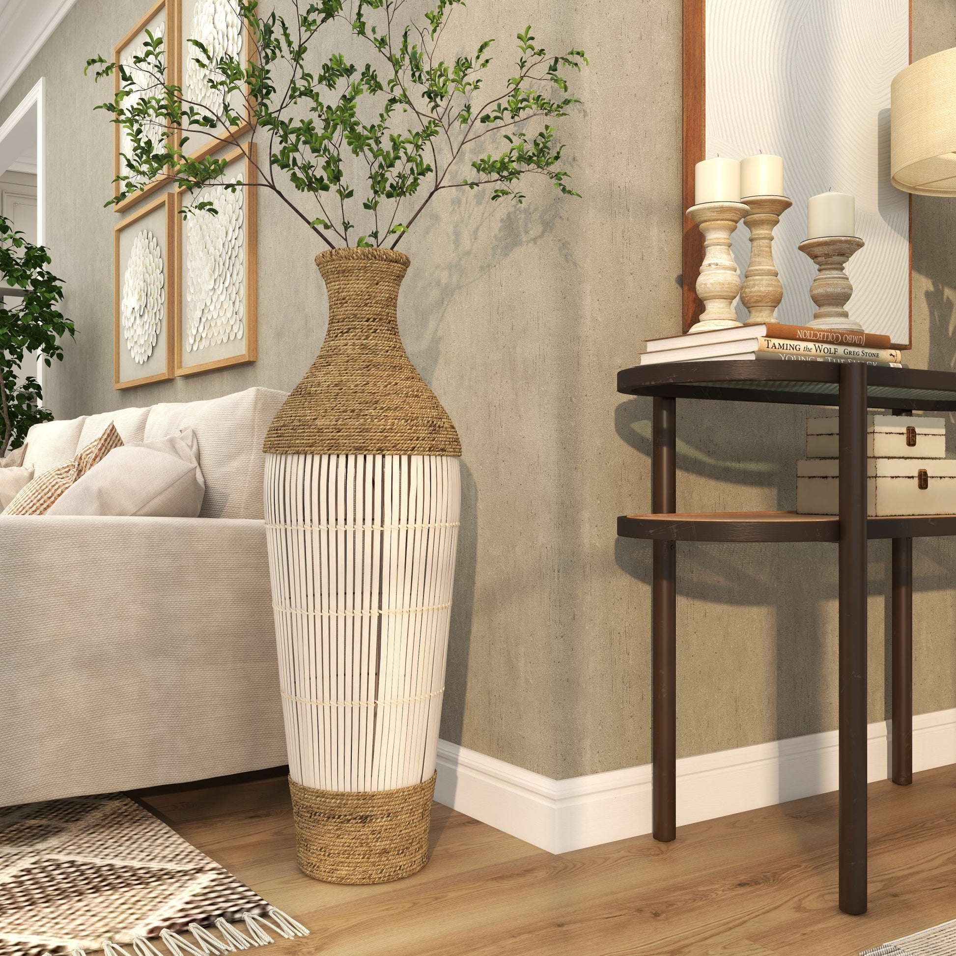 Brown Seagrass Handmade Wrapped Tall Decorative Vase with Cream Slatted Bamboo Center
