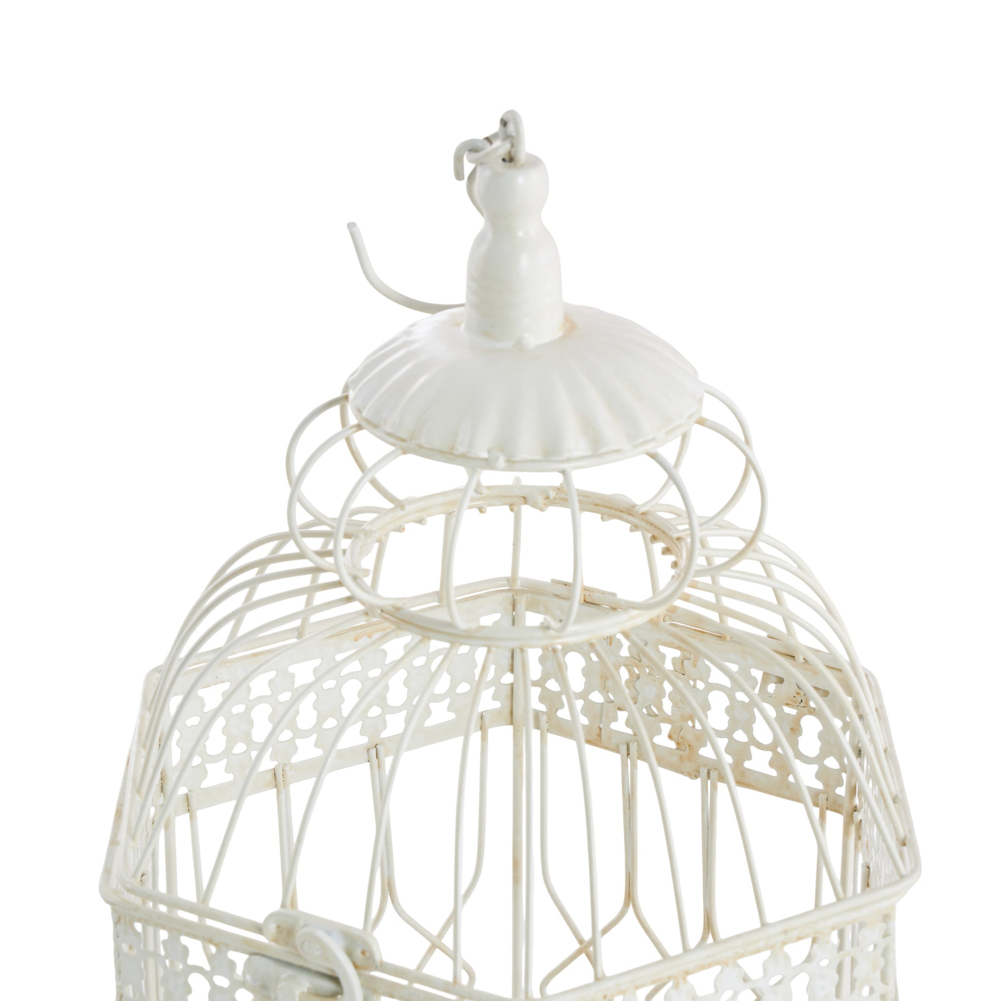 Set of 2 Scroll Cream Metal Distressed Wire Decorative Birdcage with Latch Lock Closure and Hanging Hook