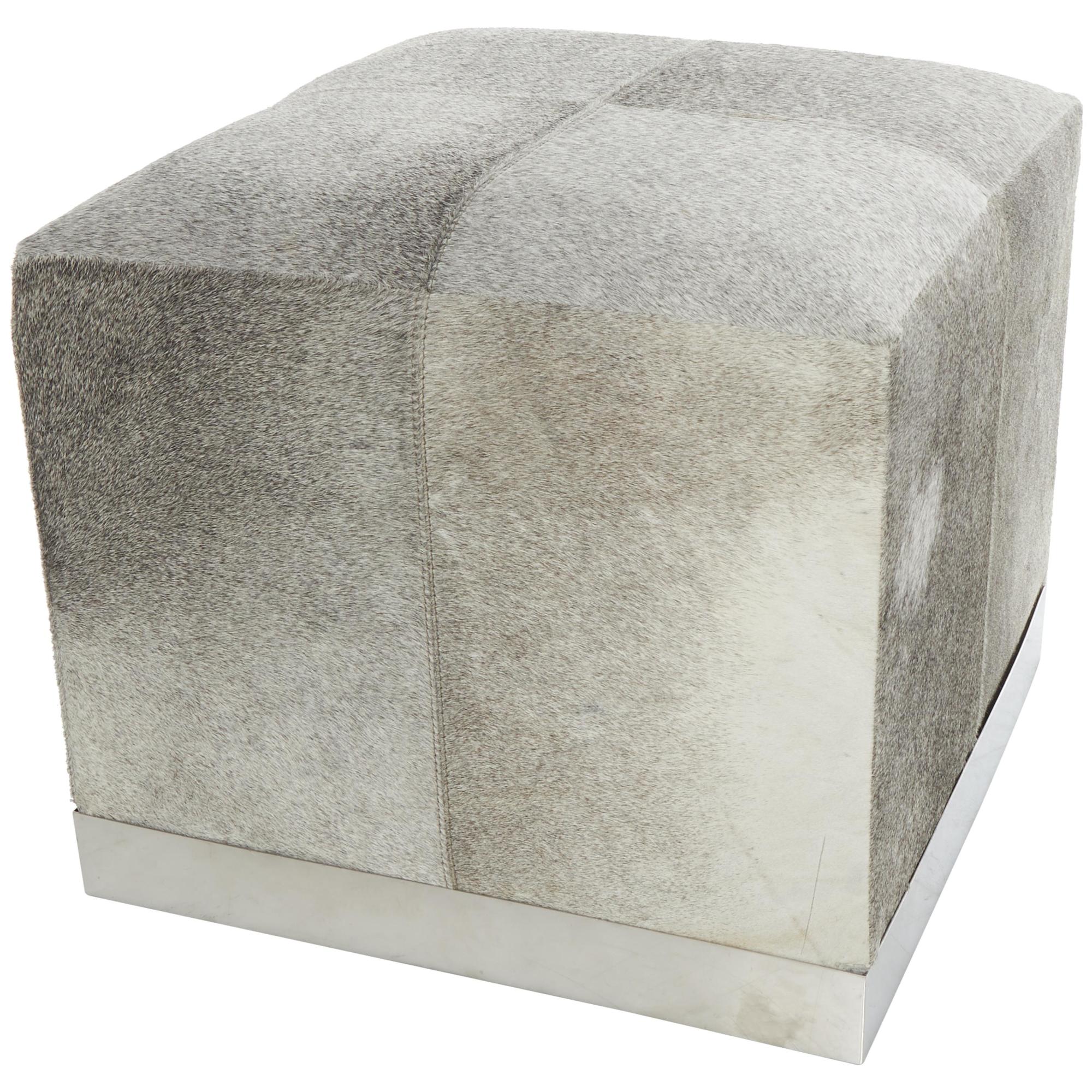 Gray Leather Patchwork Stuffed Pouf with Stainless Steel Base