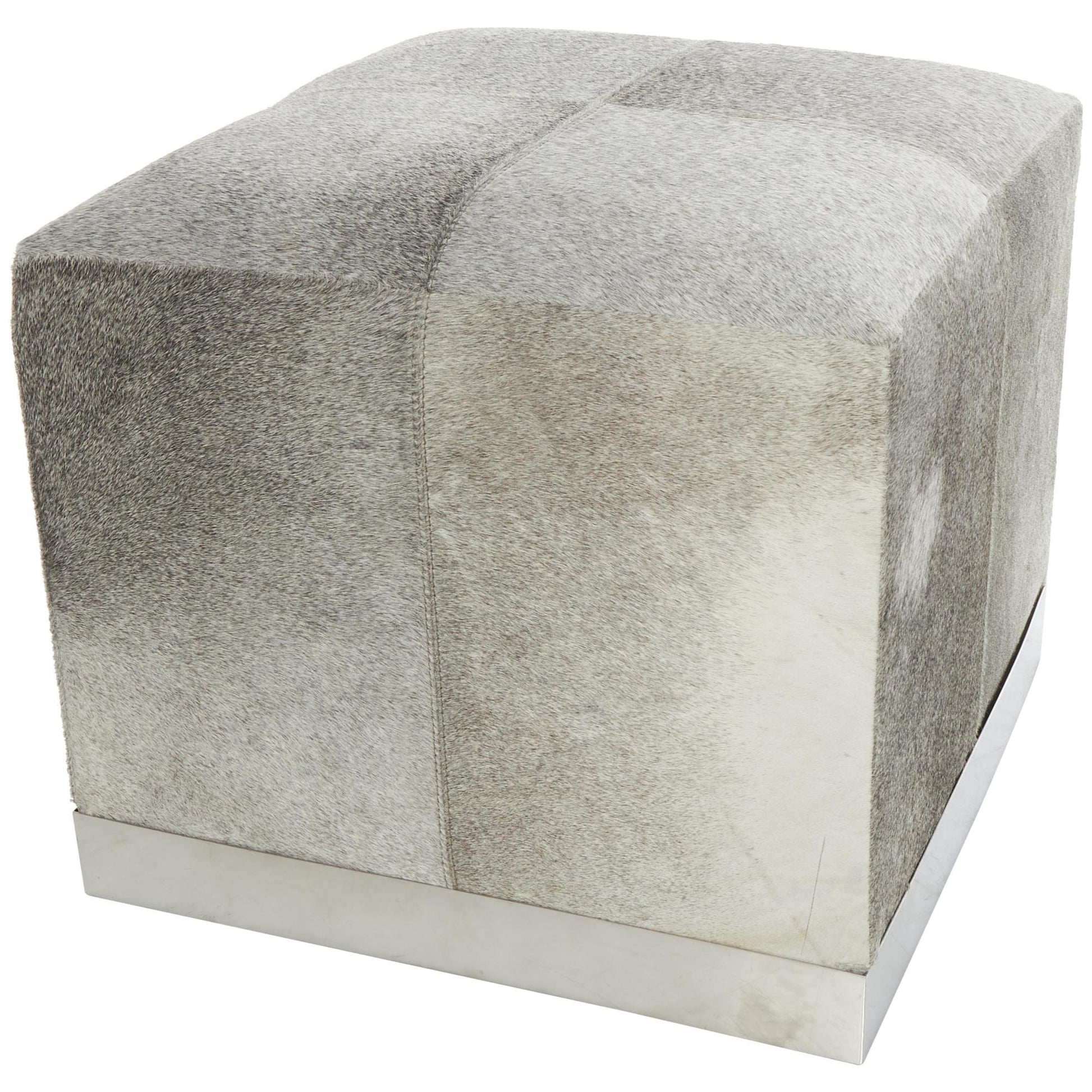 Gray Leather Patchwork Stuffed Pouf with Stainless Steel Base
