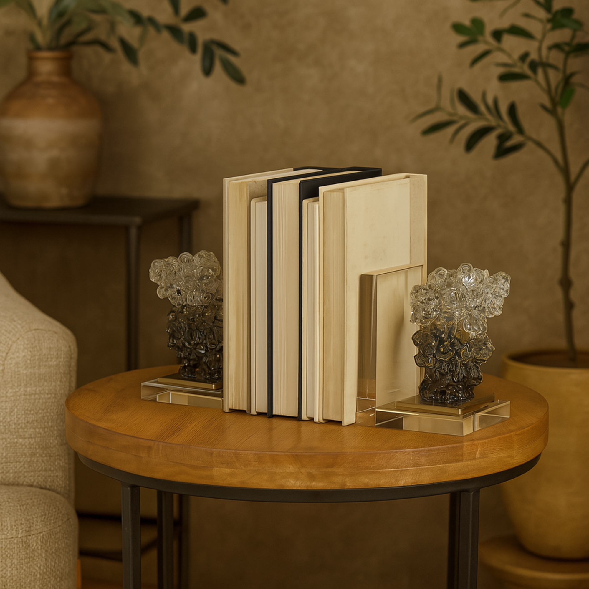 Set of 2 Coral Clear Glass Handmade Freeform Decorative Bookends with Clear Gold Supports