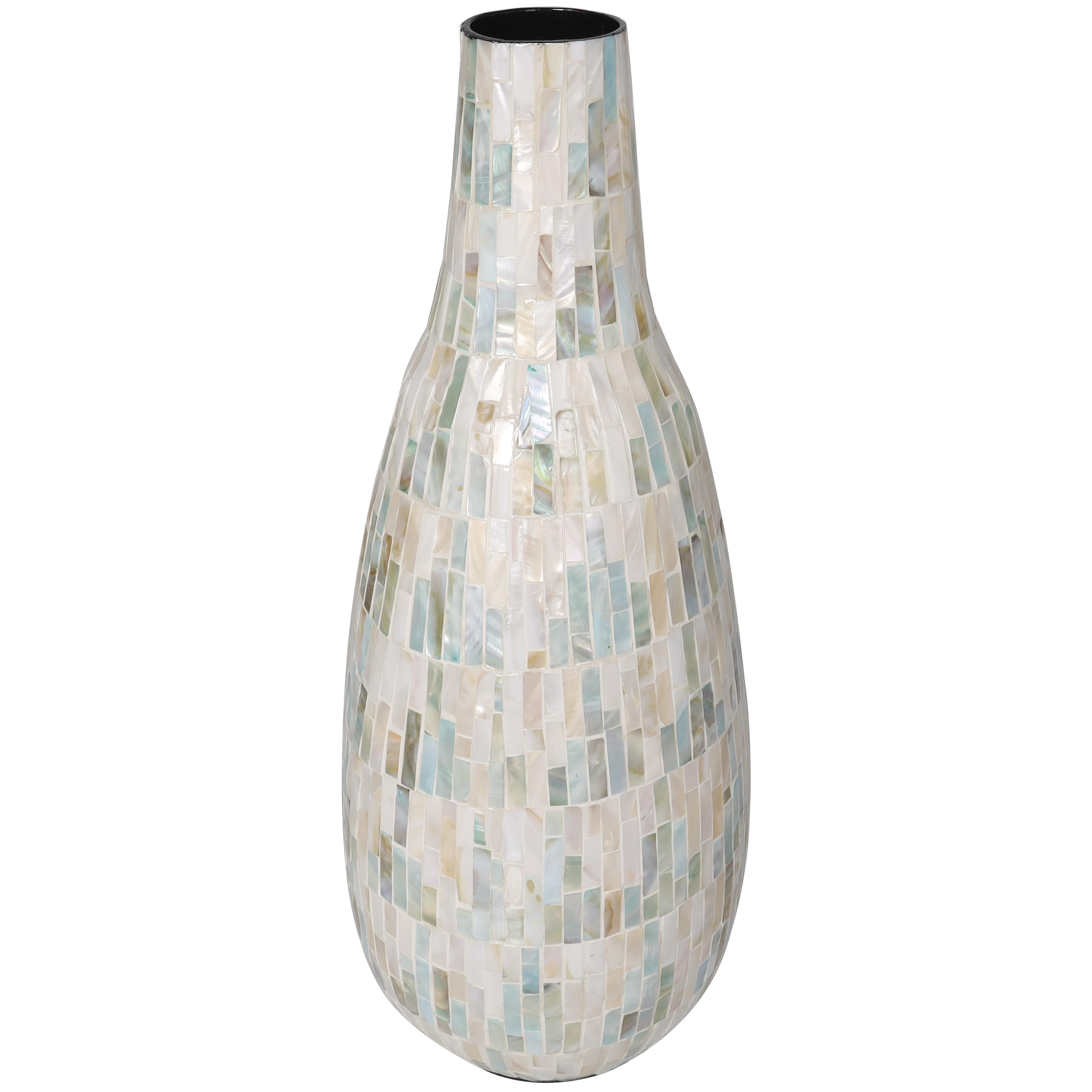 White Mother of Pearl Shell Handmade Mosaic Inspired Decorative Vase with Pastel Blue and Pink Accents