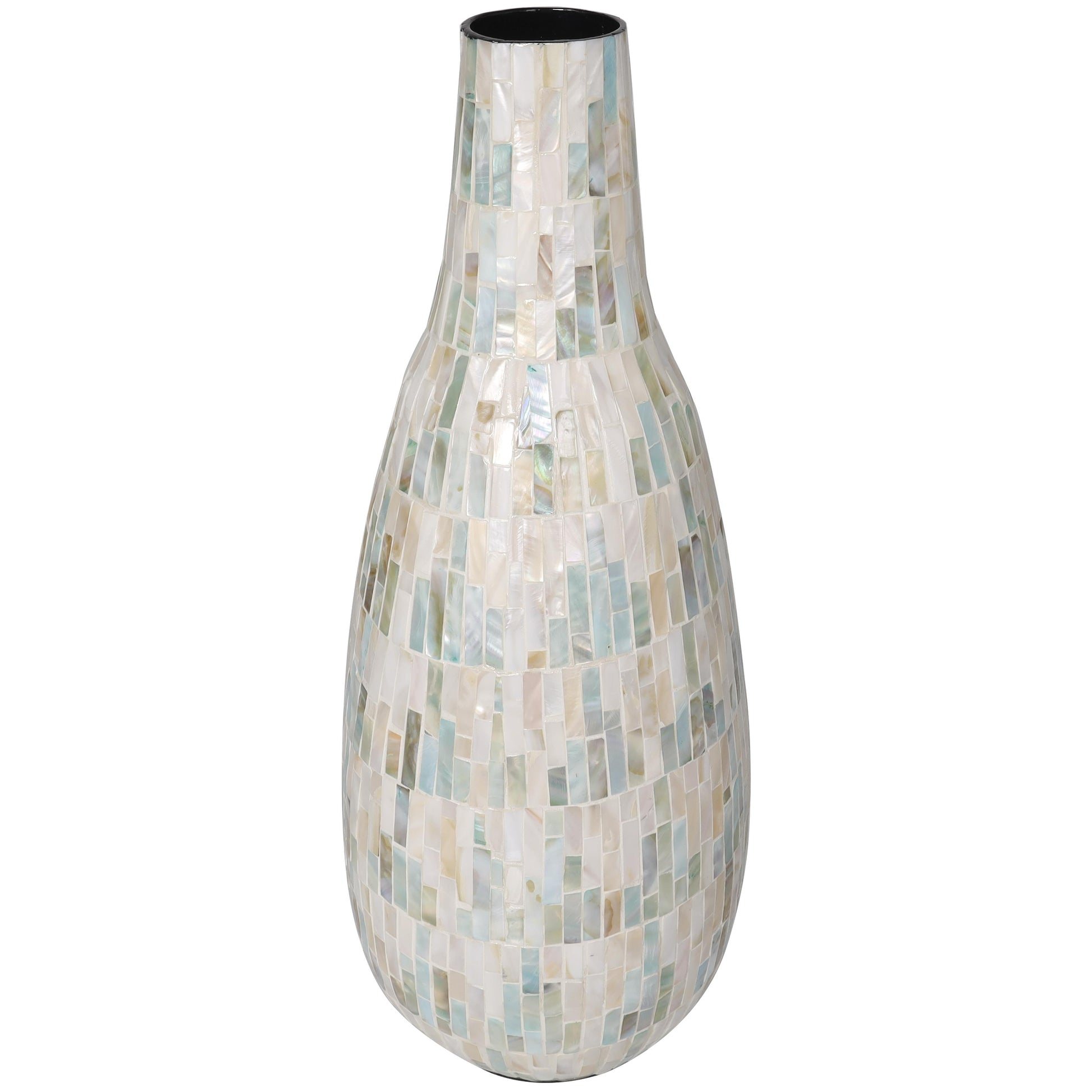 White Mother of Pearl Shell Handmade Mosaic Inspired Decorative Vase with Pastel Blue and Pink Accents