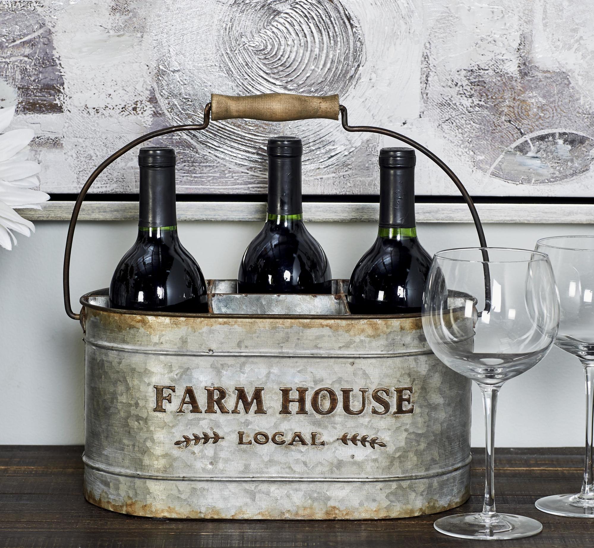 Gray Metal Galvanized Farm House 6 Bottle Kitchen Wine Holder
